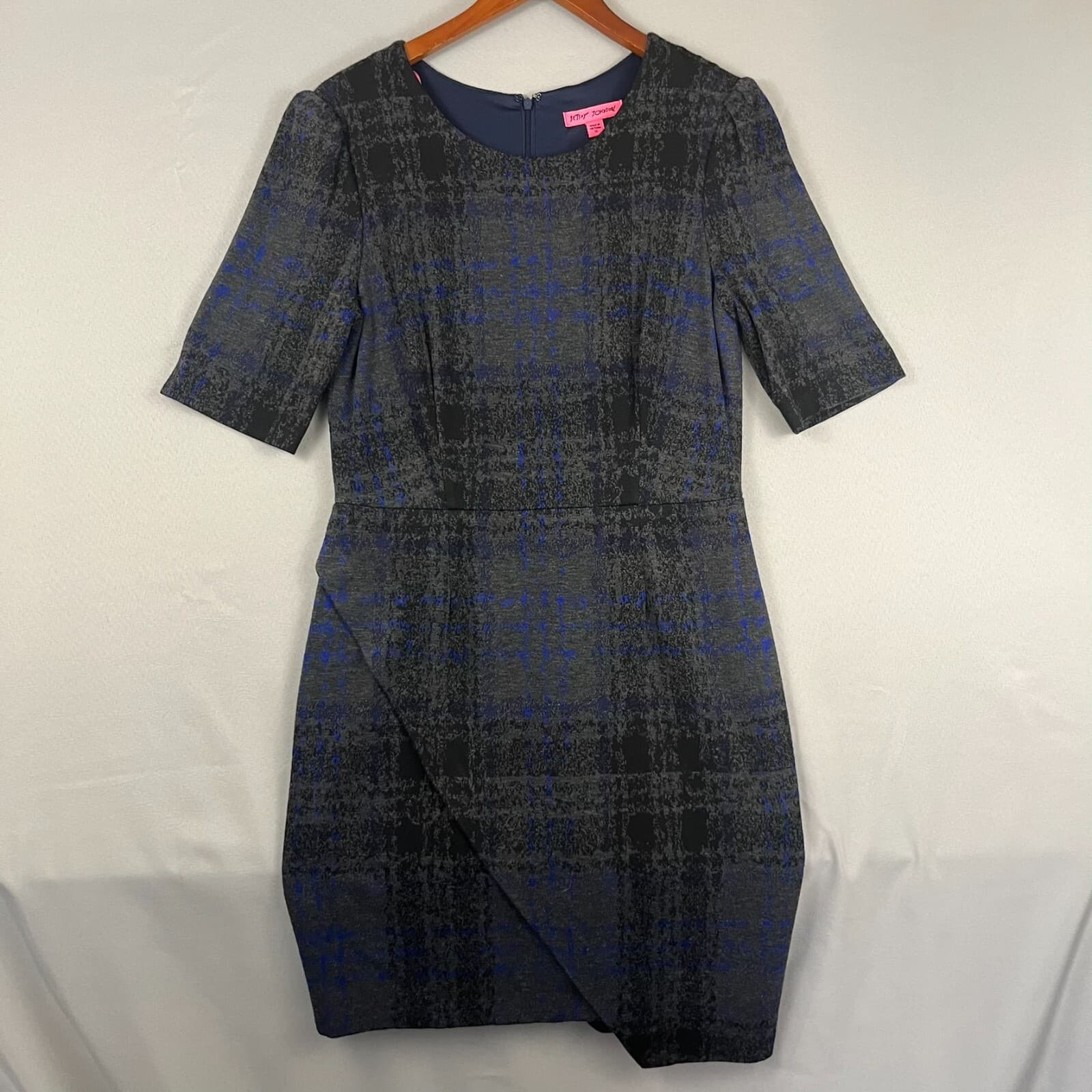 BETSEY JOHNSON Dress Size 12 Career Sheath Wrap Blue Back Short Sleeve Office
