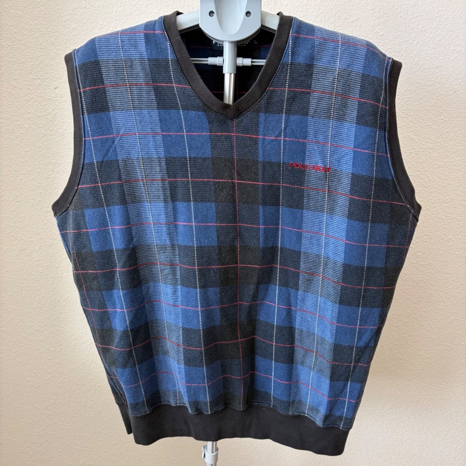 Polo Golf Ralph Lauren Sweater Vest Men Large Blue Plaid V-Neck Cotton Vintage