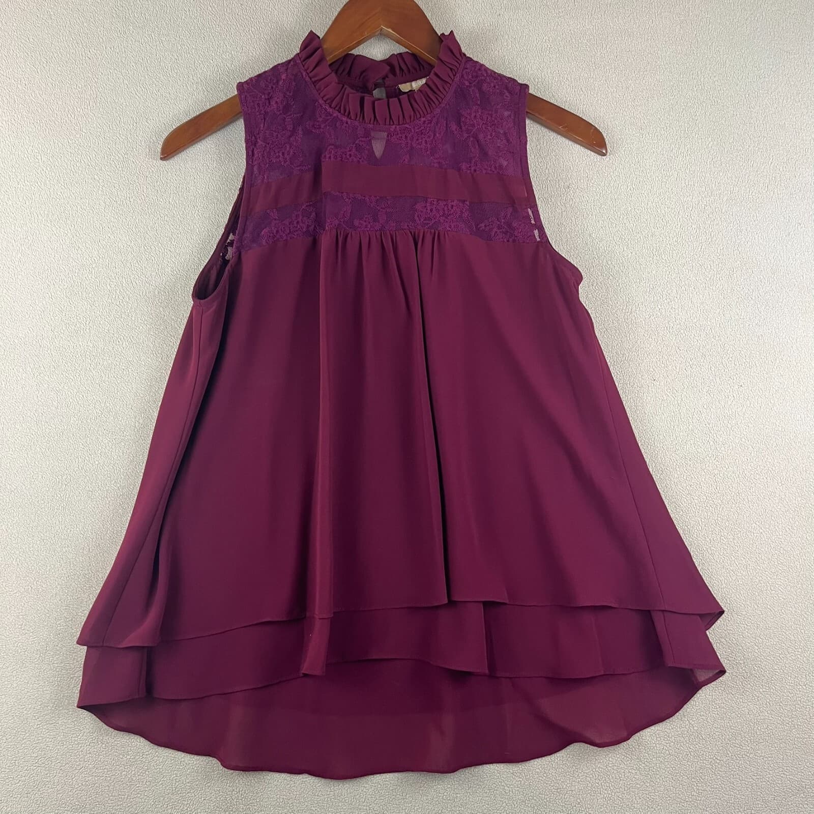 Takara Womens Top Medium Maroon Keyhole Ruffle Neck Lace Panel Tiered Bridgerton