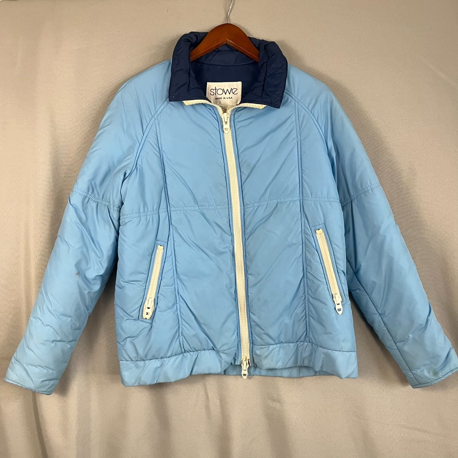 Vintage Stowe Womens Parka Ski Jacket Medium Blue Quilted Poly Insulated Puffer