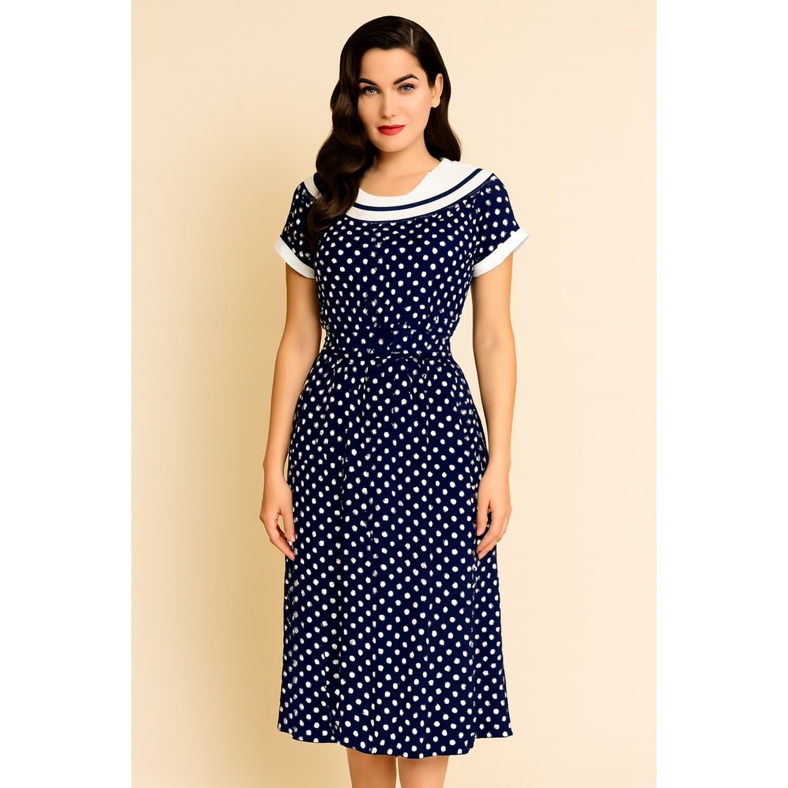 Vintage Polka Dot Sailor Dress Navy Blue White ILGWU USA Sz 6 Pin Up Rockabilly
