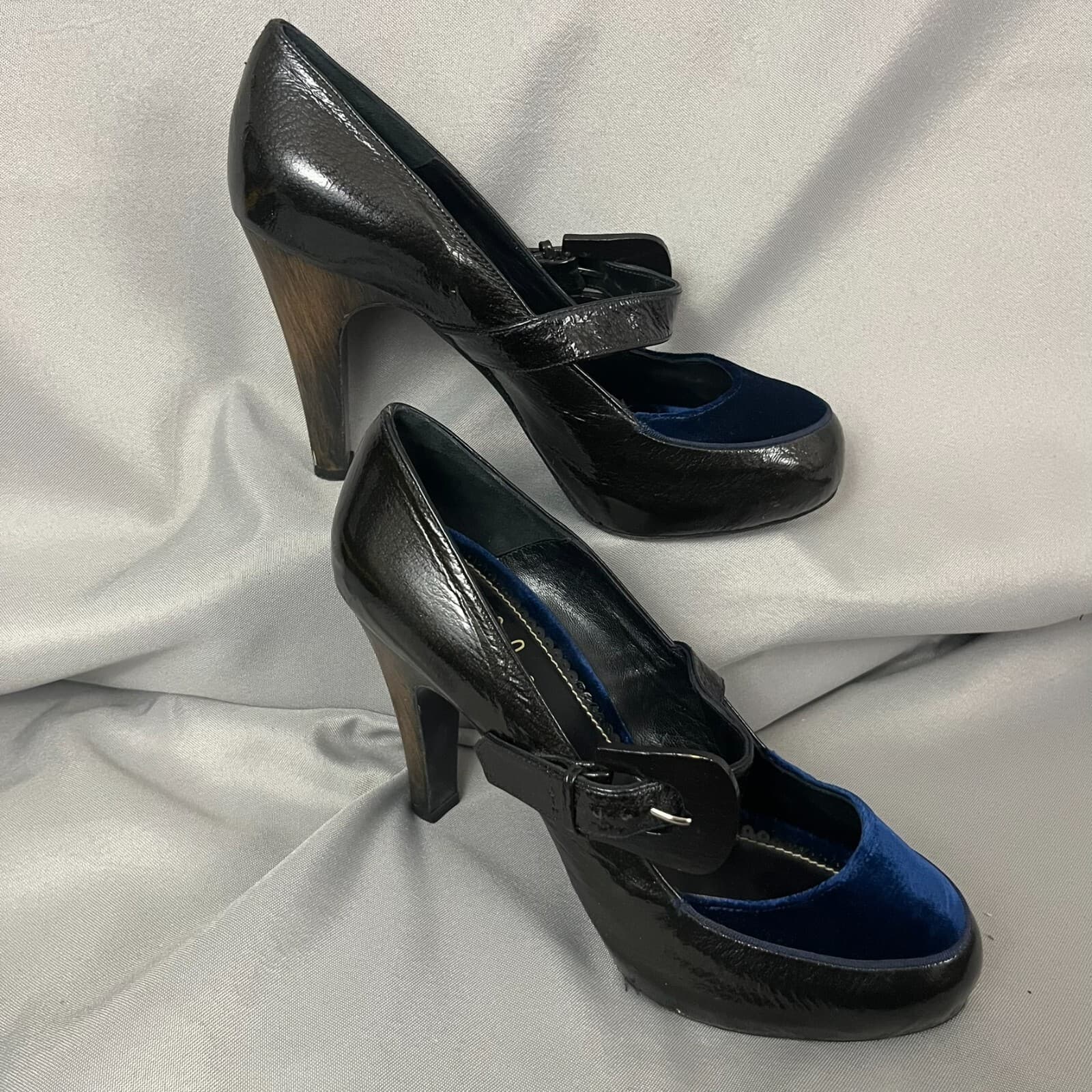 Gothic Vamp Mary Jane Shoes Women's Pump 41 Black Leather Velour Buckle Strap
