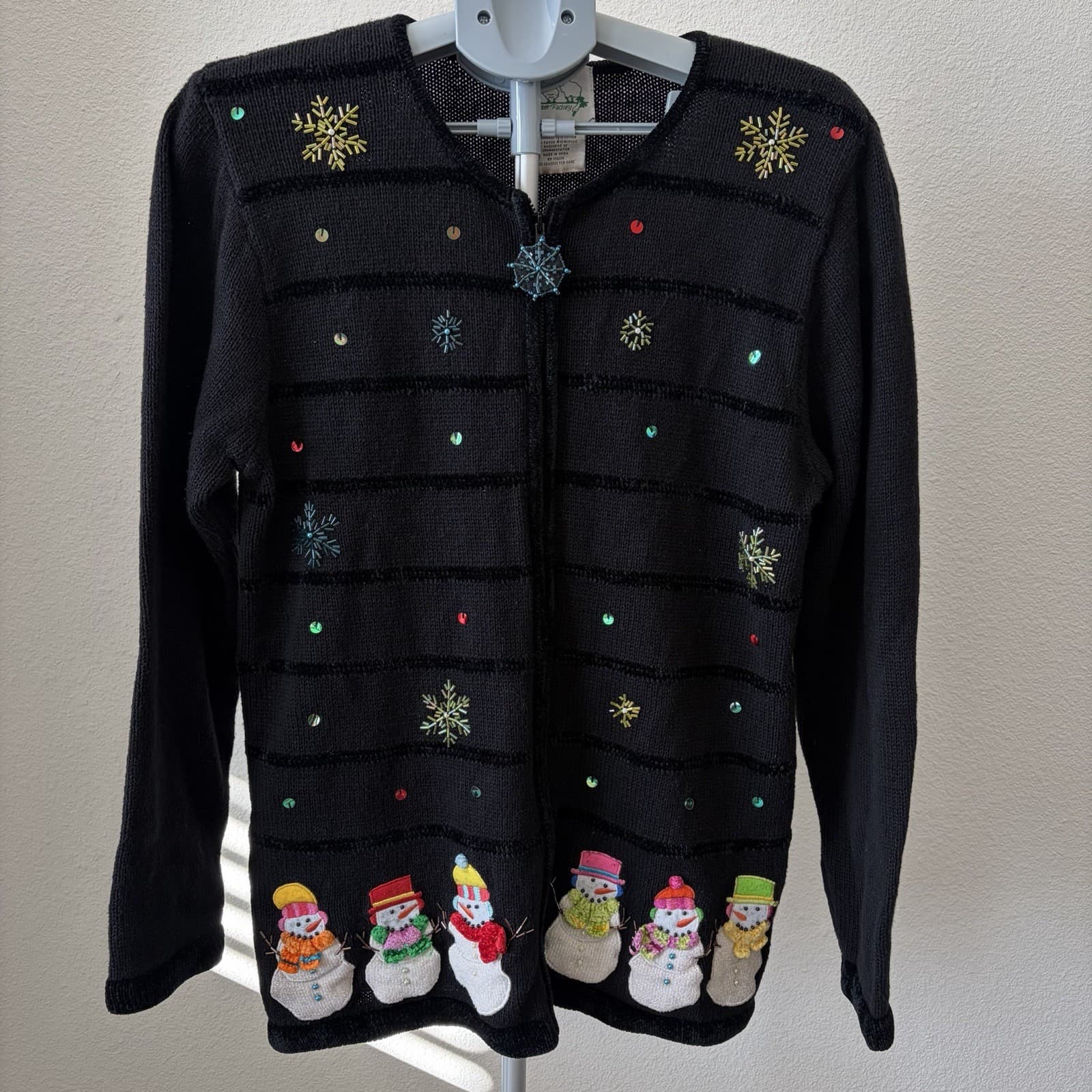 Vintage Quacker Factory Snowman Christmas Holiday Cardigan Sweater Size Medium