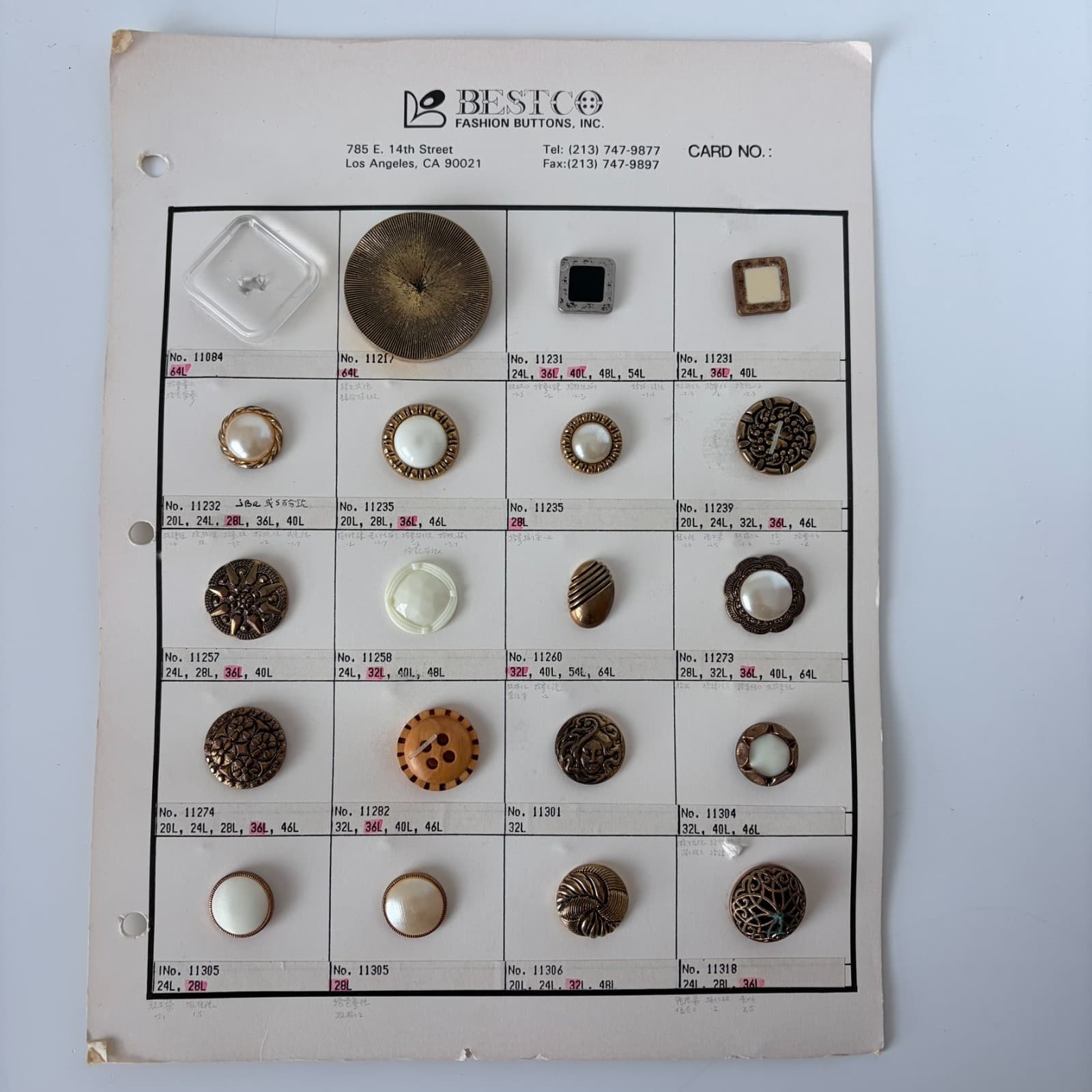 Vintage BESTCO Fashion Buttons Sample Card 20 Buttons 1980s–90s LA Garment Dist