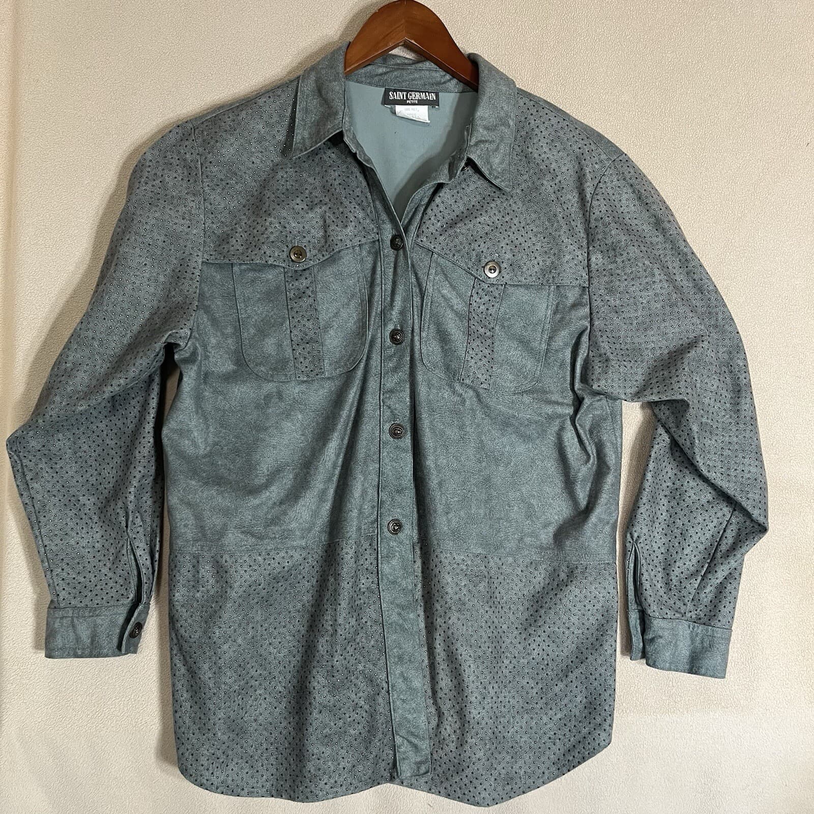 Saint Germain Petite Size Large Sage Green Shirt Studded Button Up Made In USA