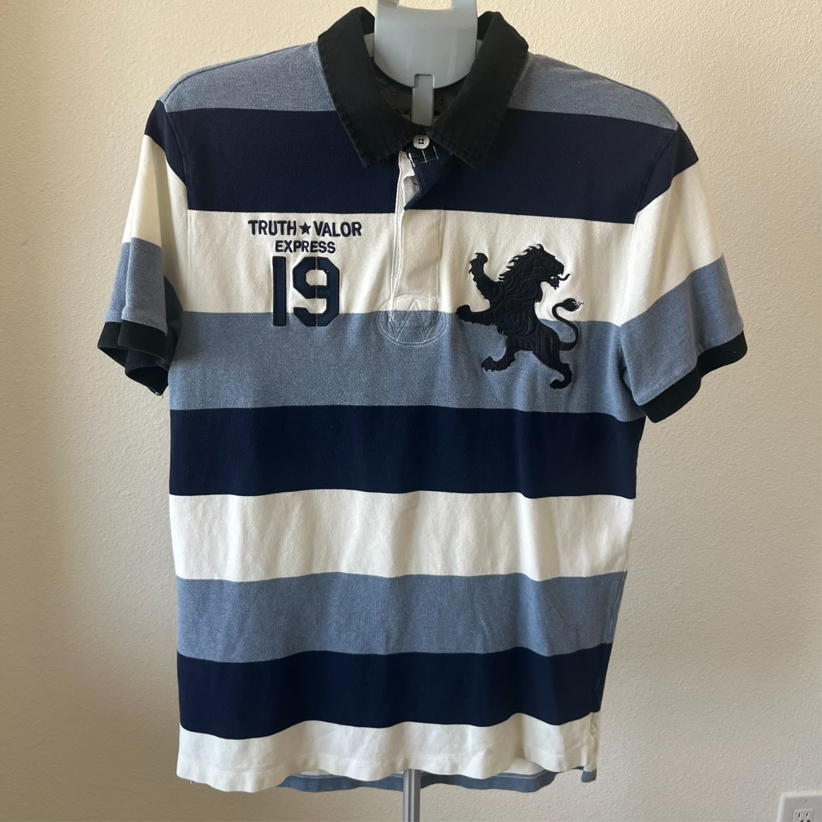 VTG Express Fitted Polo Blue Striped Shirt Big Logo Embroidered XL Rugby Bloke