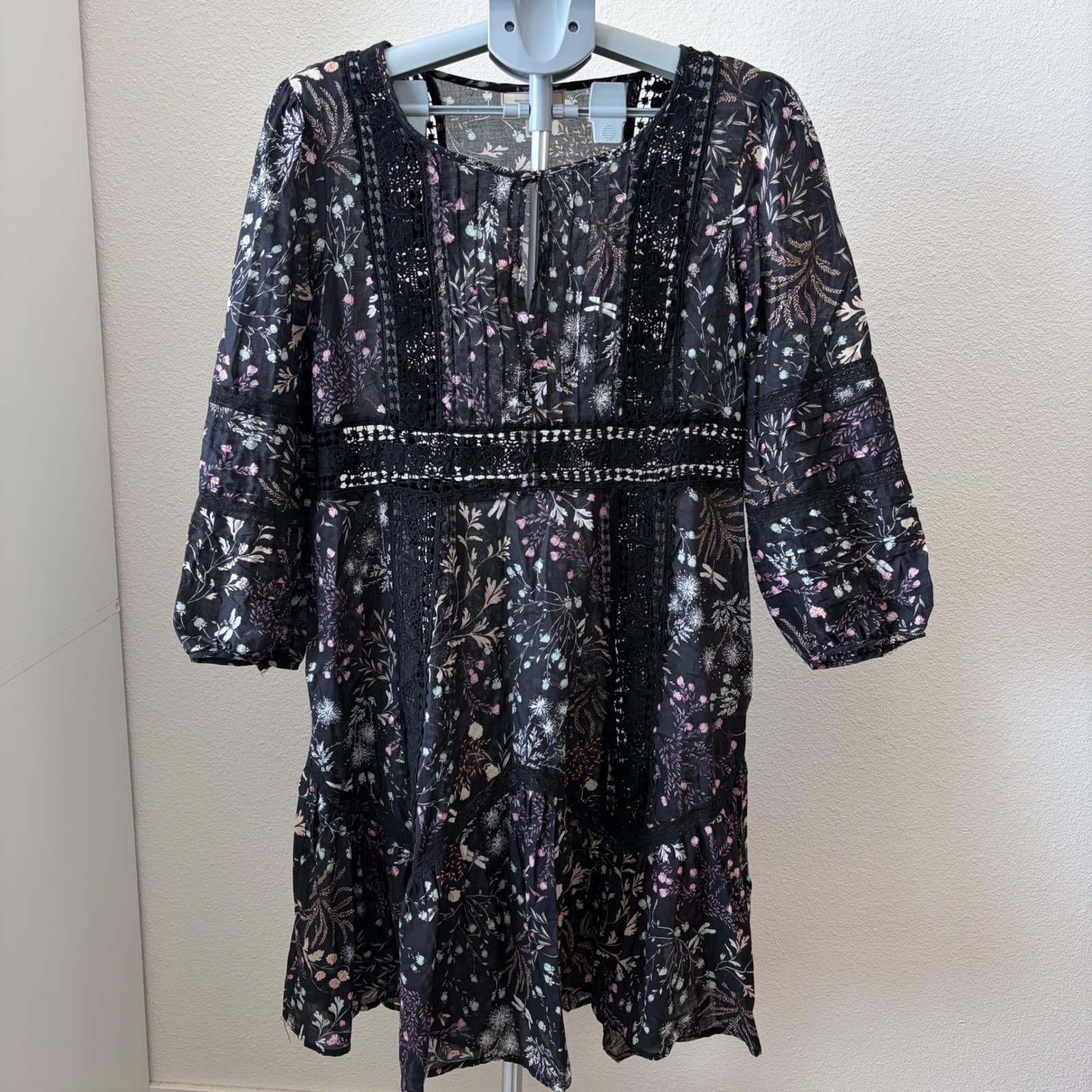 Moulinette Soeurs Dress Women 8 Black Floral Crochet Lace Boho Anthropologie