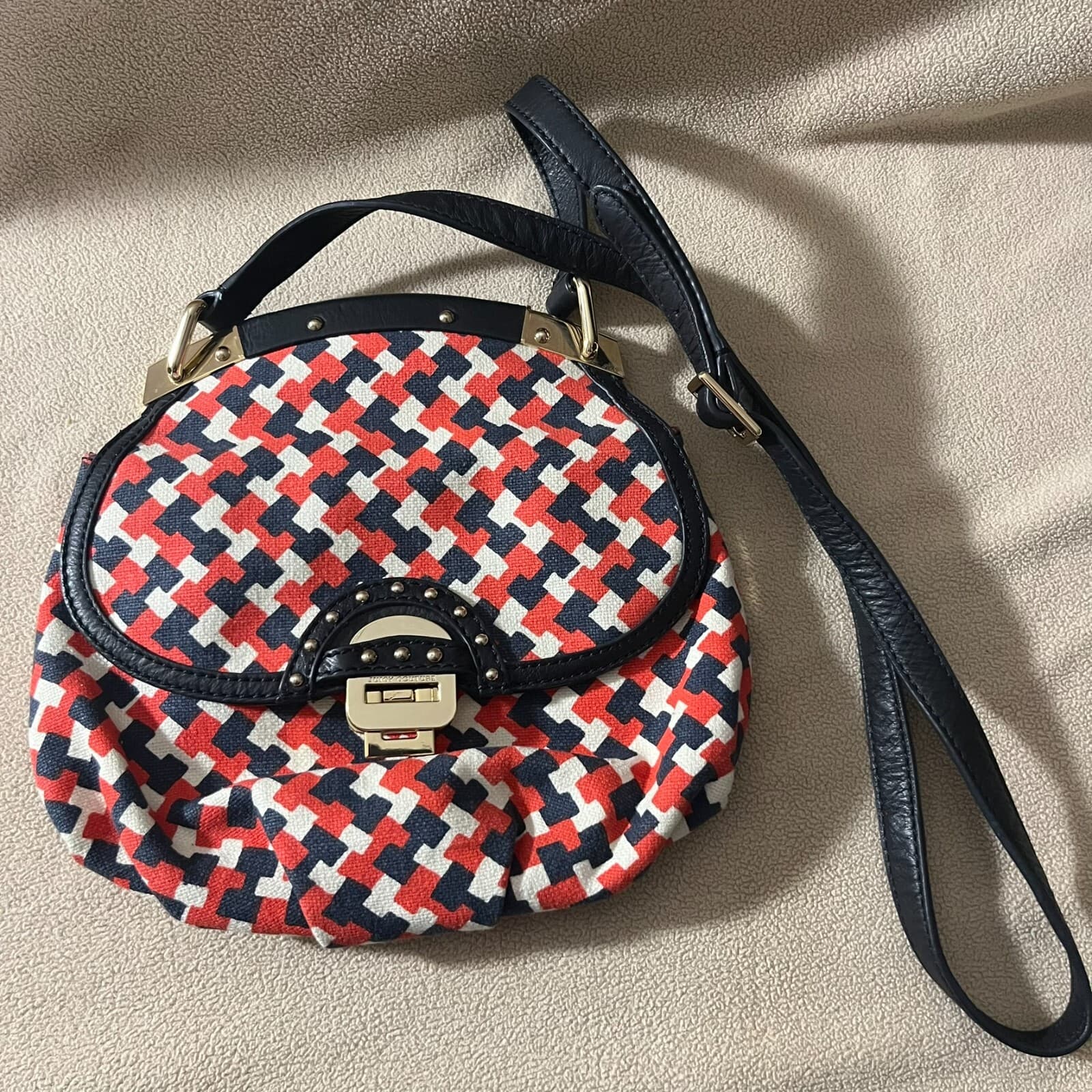 Juicy Couture Saddle Bag Crossbody Drew Printed YHRU3395 Red White Blue Fabric