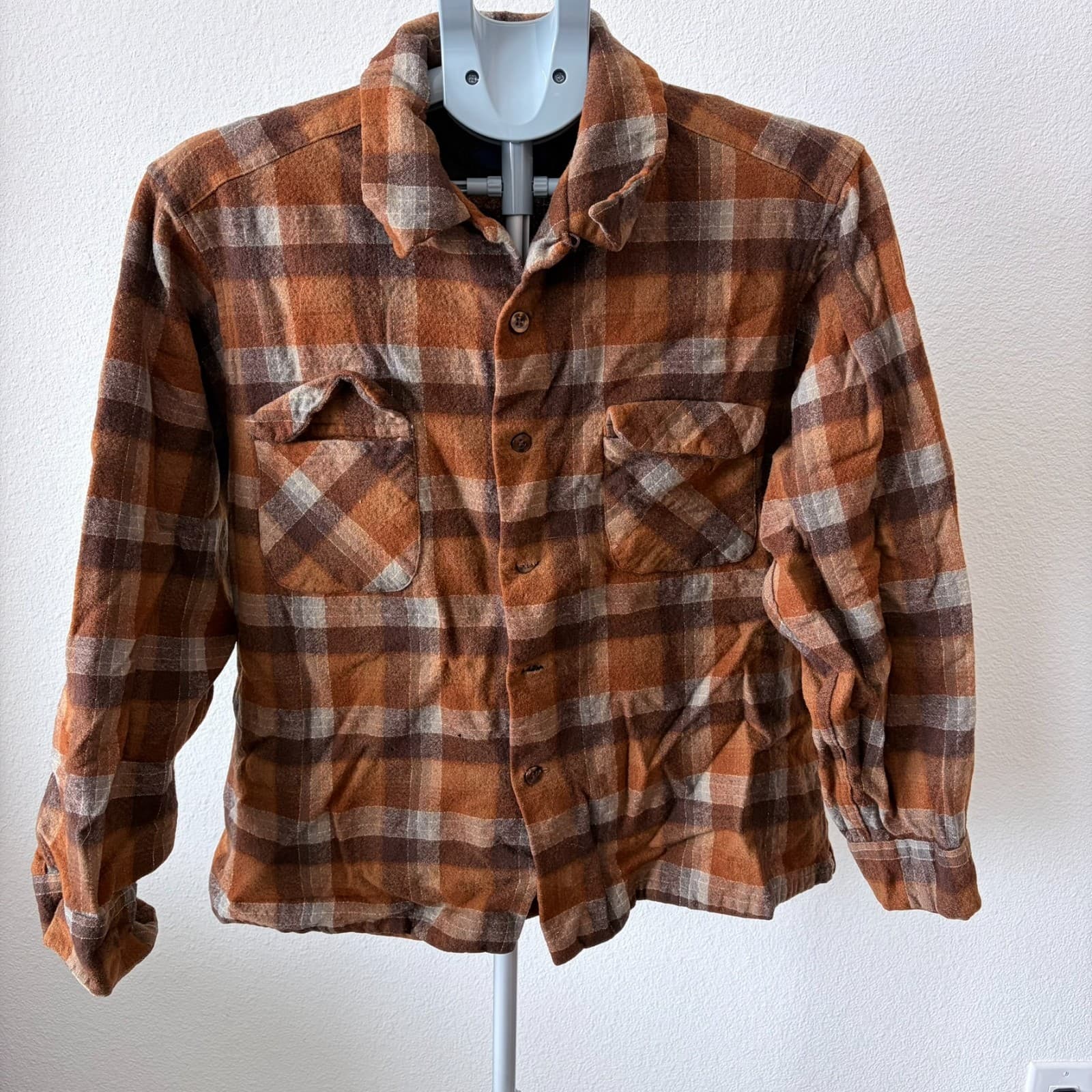 Vintage 1970s Pendleton Loop Collar Board Shirt Flannel Wool Made USA Fits MED?