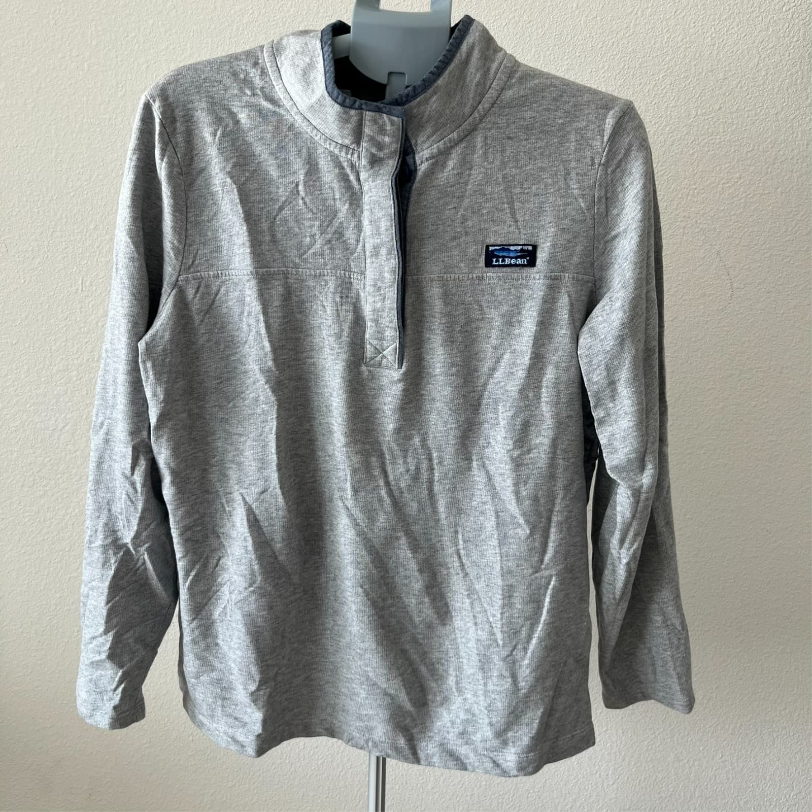 Gray LL BEAN Rugby Henley High Neck 501541 Lg Slv 1/4 Button Cotton Shirt Sz XL