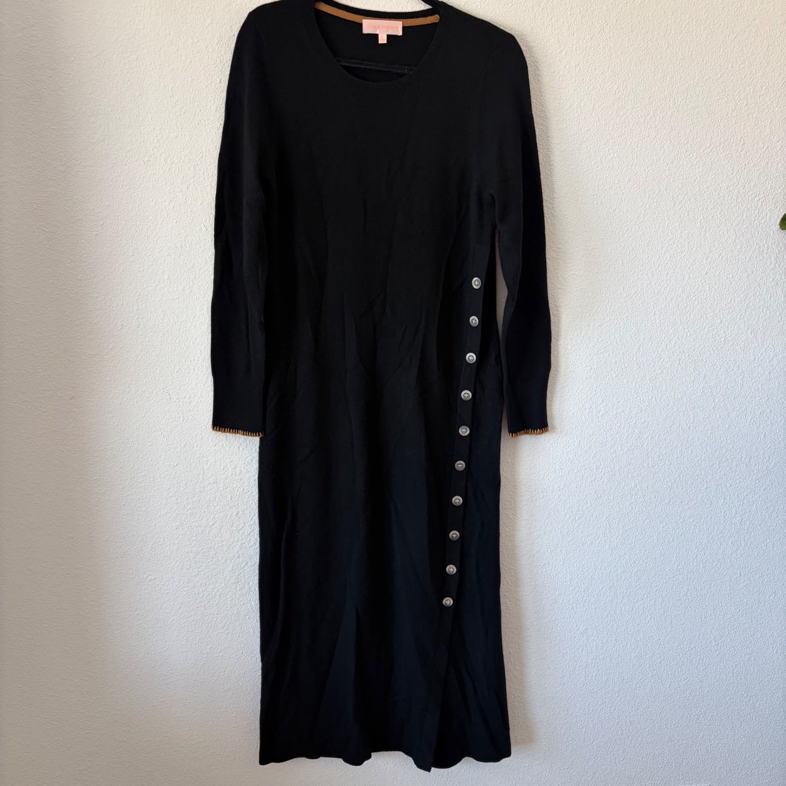 Lisa Todd Sweater Dress Womens Large Black 100% Cashmere Side Button Long Sleeve