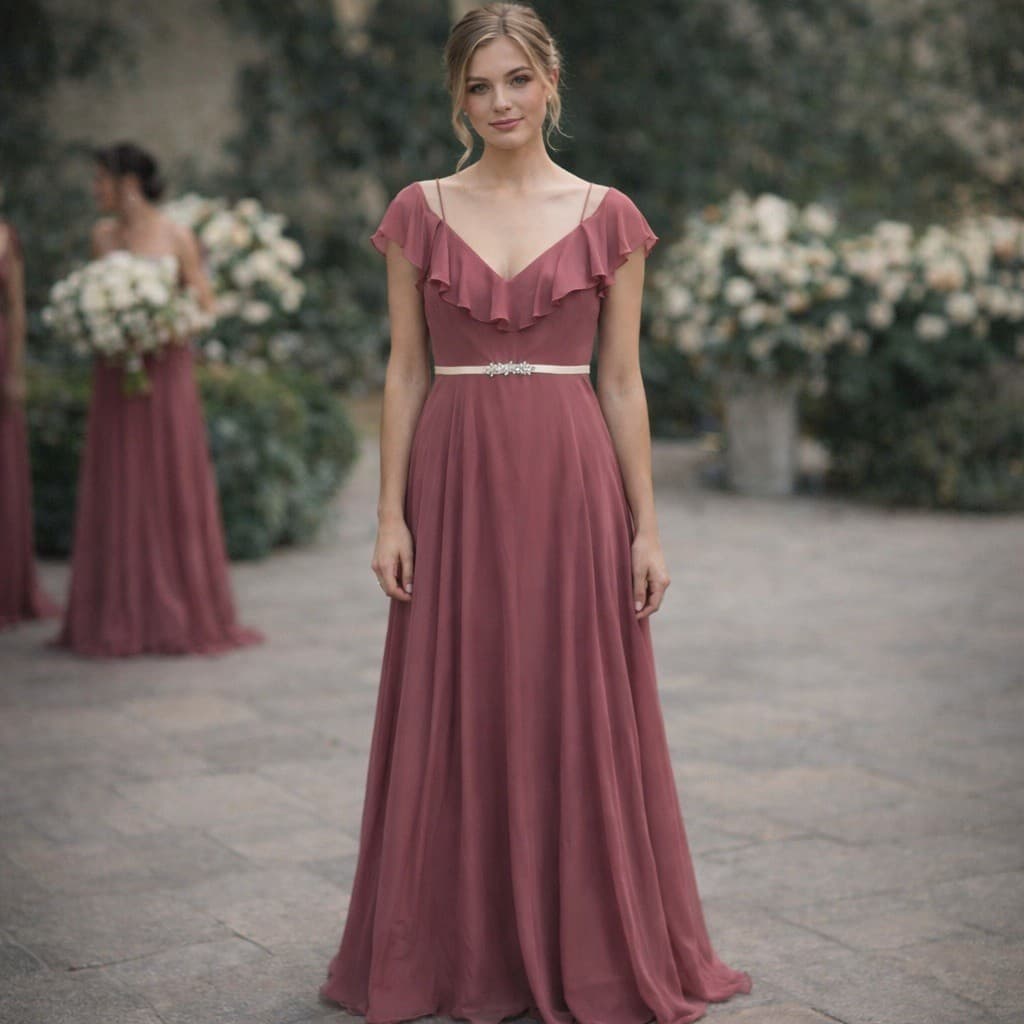 Jenny Yoo Collection Mauve Chiffon Ruffle Cold Shoulder Gown Mila Dress Size 0