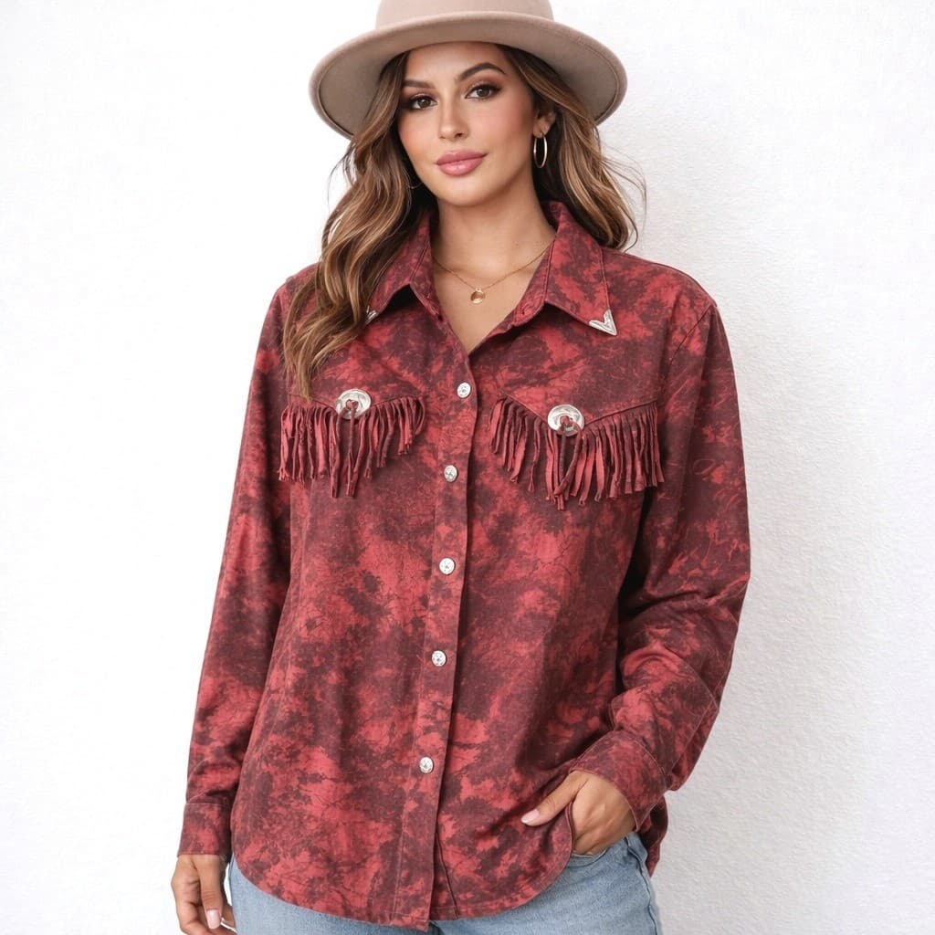 Vtg Ozark Mountain Jean Company Western Red Tie Dye Fringed Shirt Women's XL