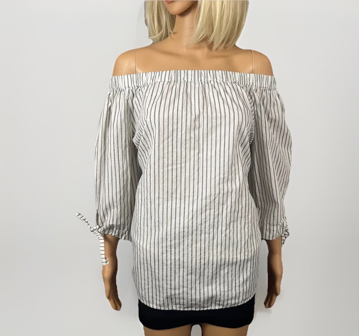 Per Se Womens Blouse Medium White Black Striped 3/4 Sleeve Off Shoulder Tunic
