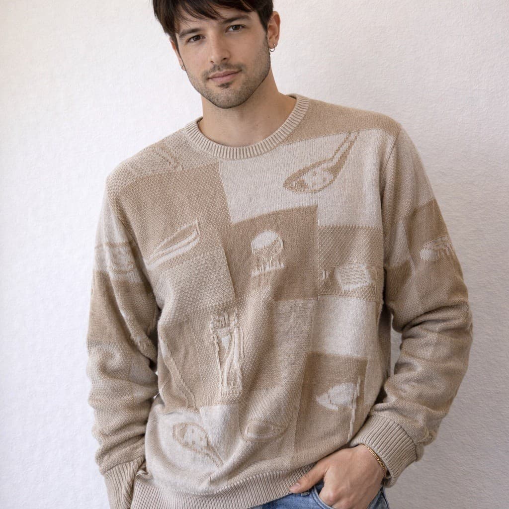 Cypress Links Sweater L Beige Cotton Knit Hong Kong Abstract Golf Patchwork Knit