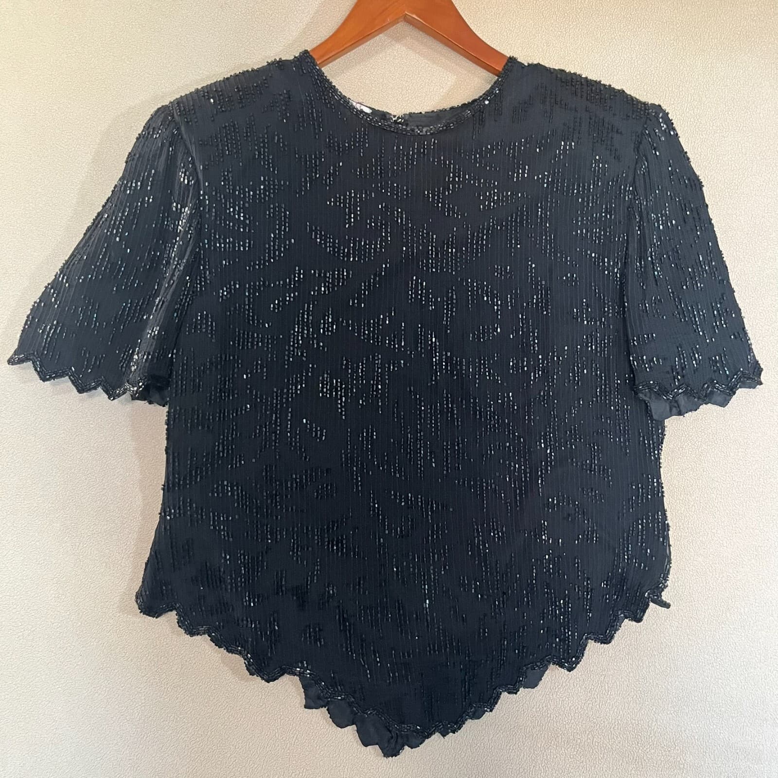 Laurence Kazar Vintage 80s 100% Silk Black Beaded Asymetrical Party Blouse NYE