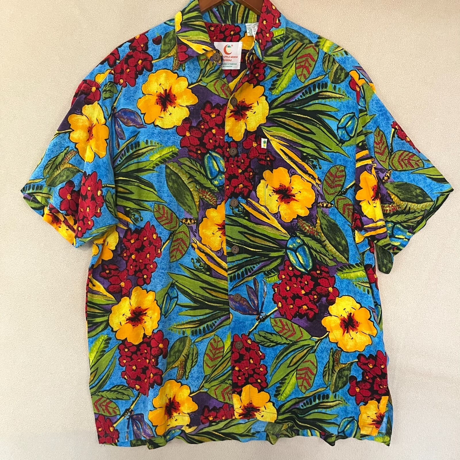 Vintage Pineapple Moon Hawaiian Shirt Mens MED Tropical 80s 90s Beach Travel