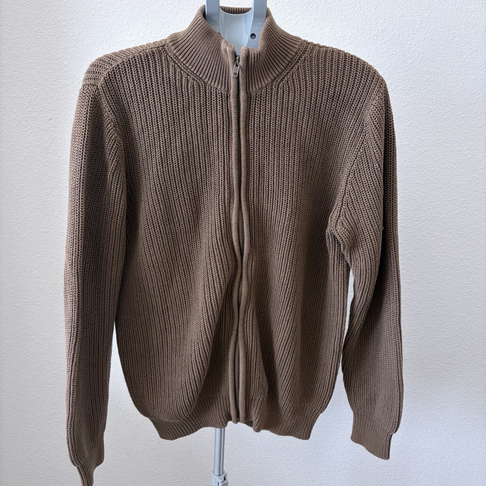 LL Bean Sweater Mens LG Brown Full Zip Cotton Mock Neck Preppy Minimalist Golf