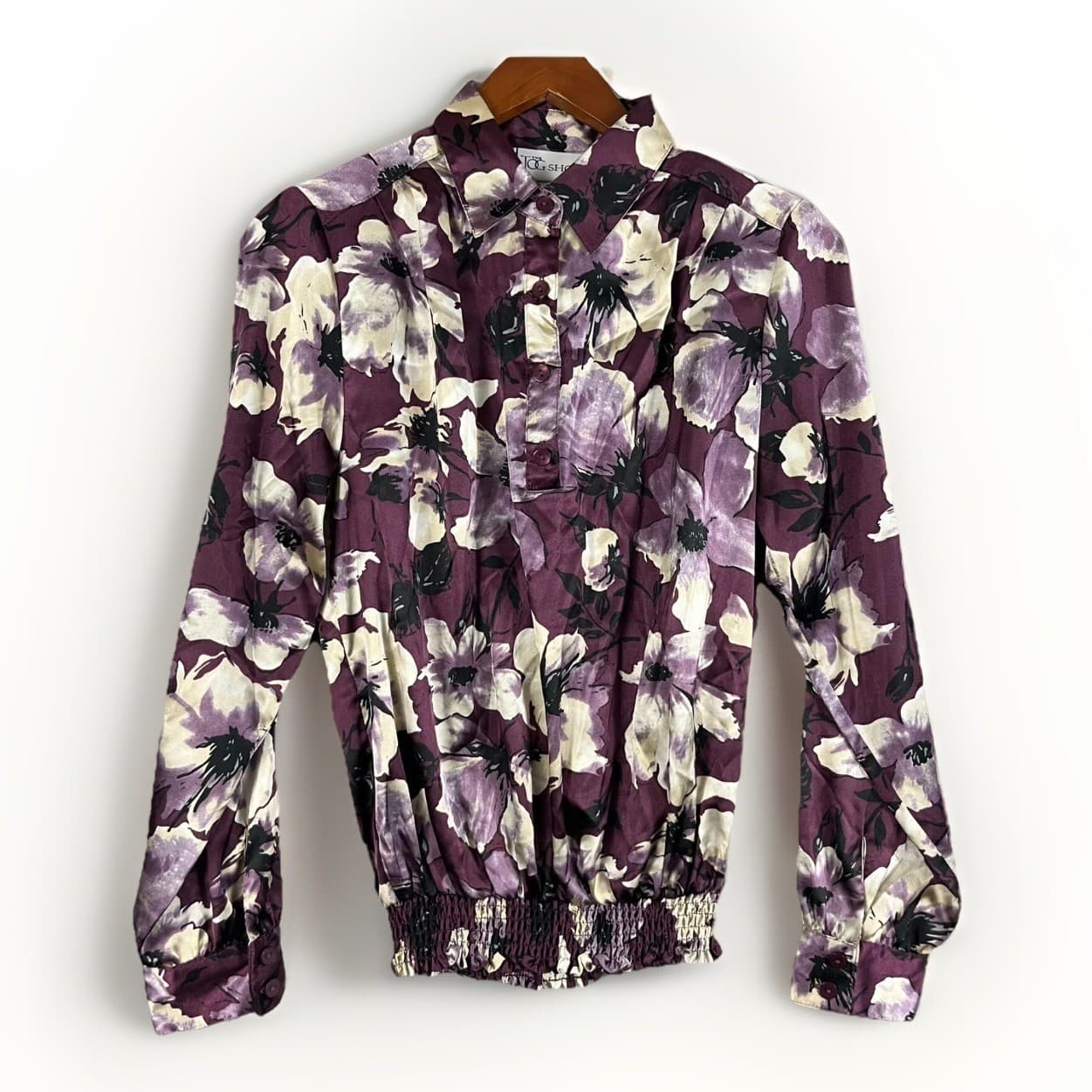 The Tog Shop Shirt Top Women's 6 Purple Floral Shoulder Pads Smocked Hem Popover