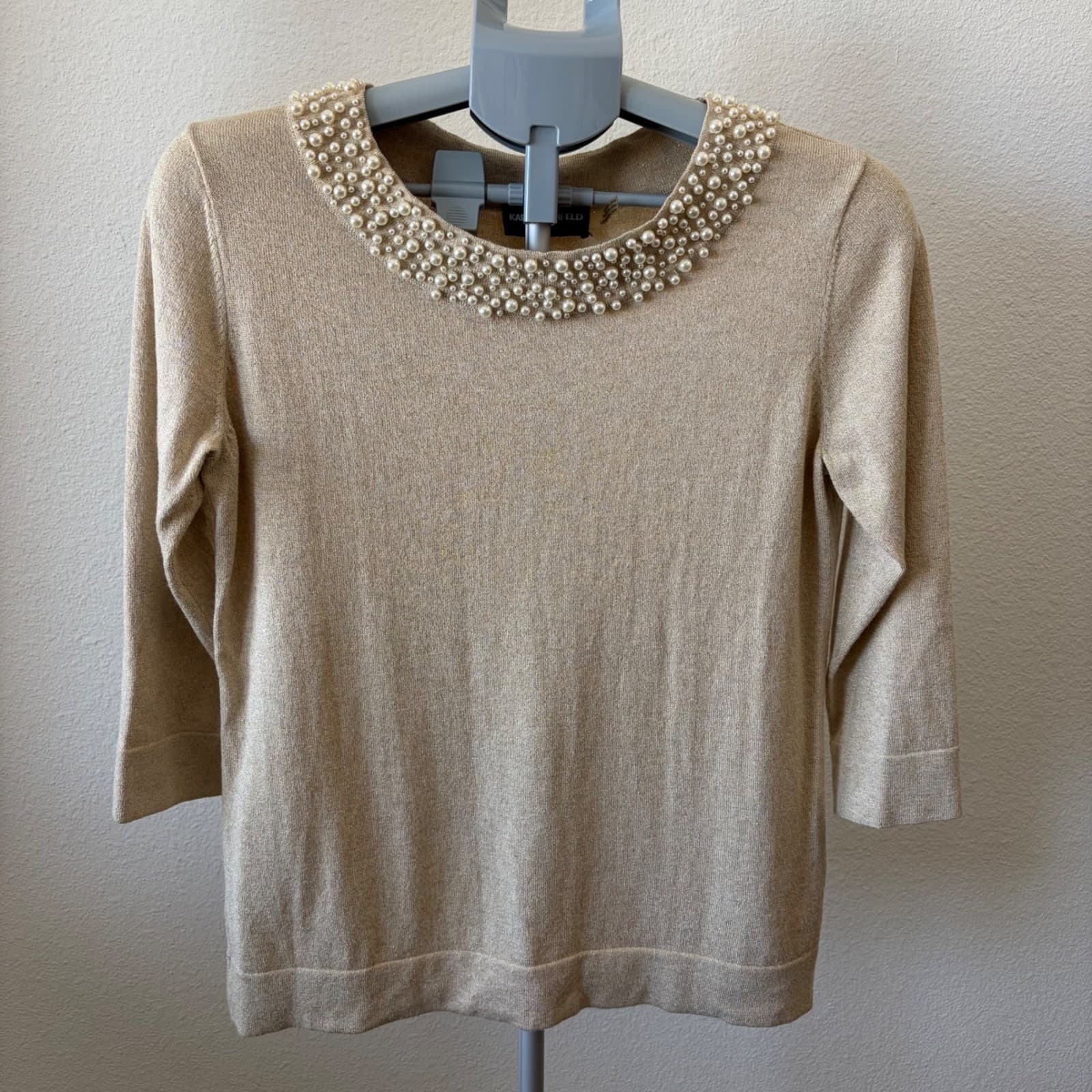 Karl Lagerfeld Paris Sweater Women S Gold Pearl Embellished Metallic Knit