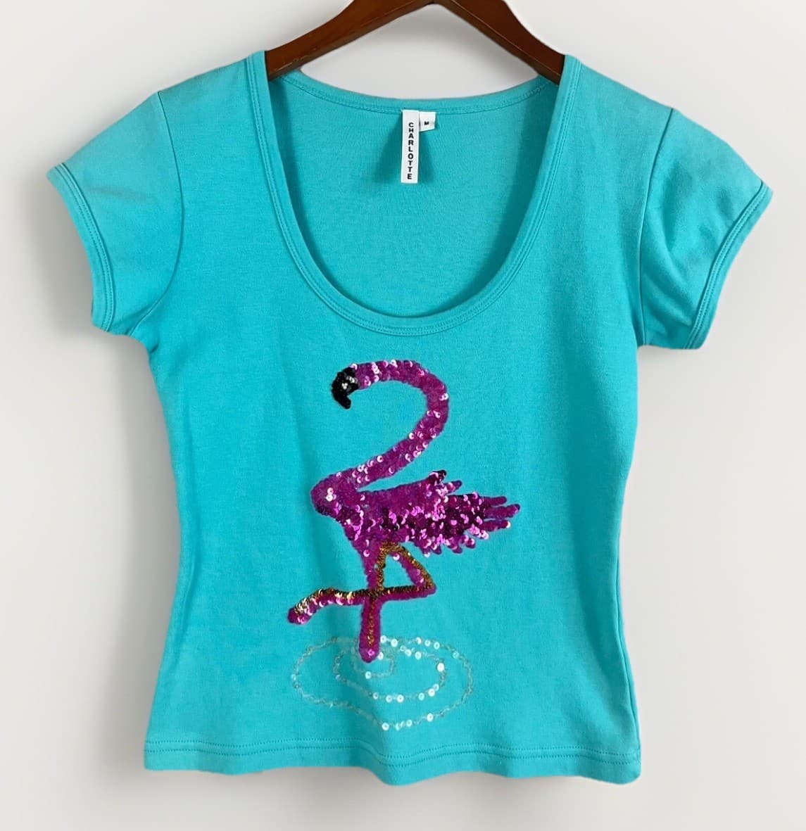 Vintage Charlotte Tarantola Baby Tee T-Shirt Women MED Blue Pink Sequin Flamingo