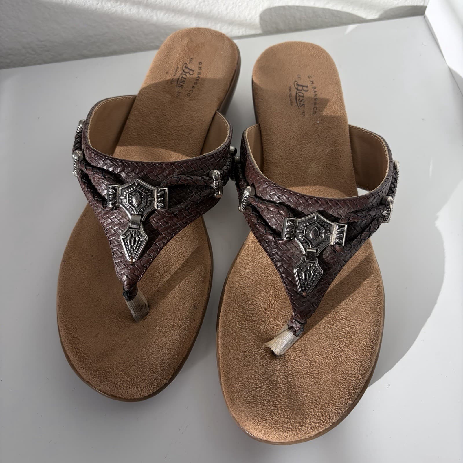 G.H Bass & Co Brown Lucy Sandals Faux Leather Boho Biker Silver Womens Sz 9M