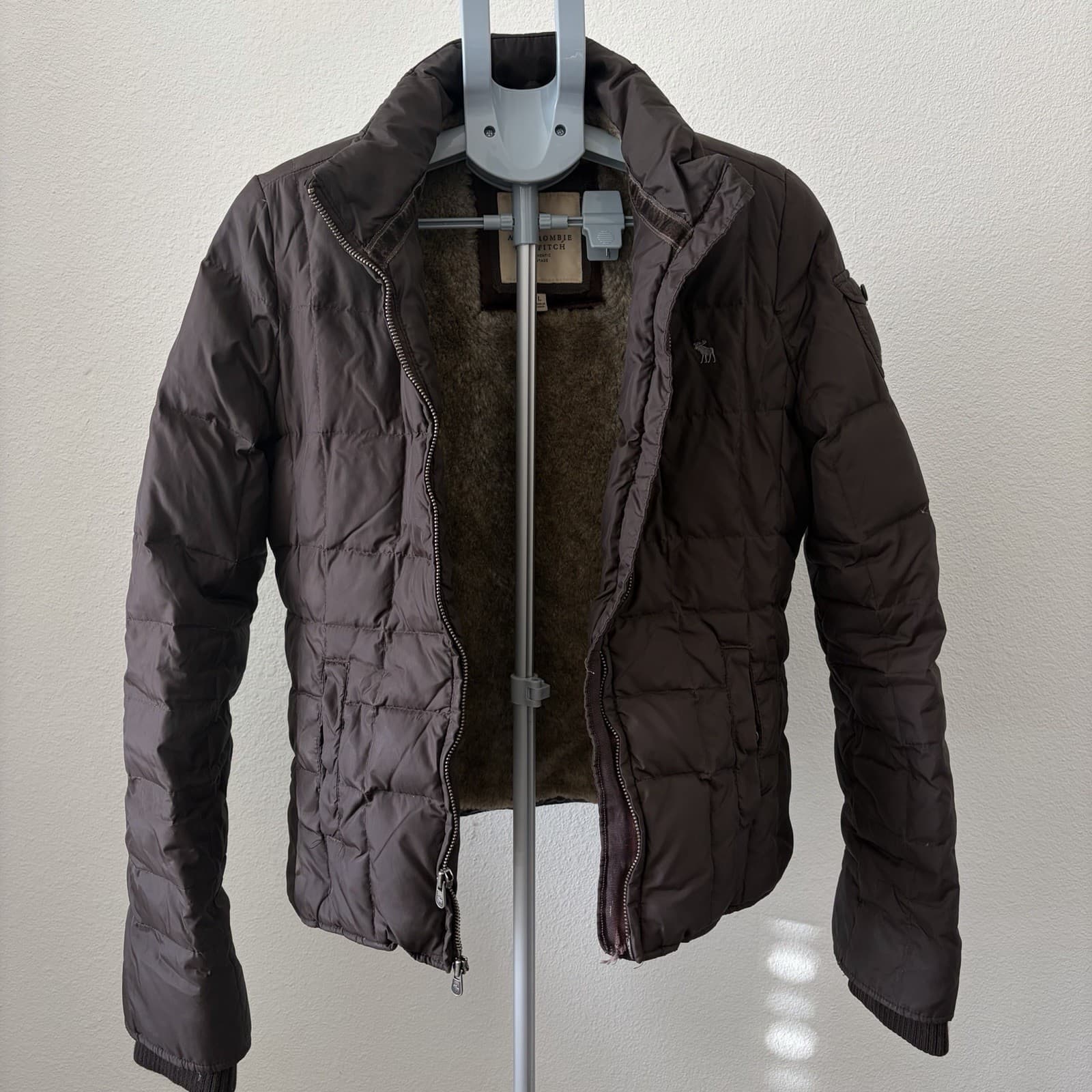 Abercrombie & Fitch Fur Down Puffer Jacket Large Woman’s Brown Faux Lining Y2K