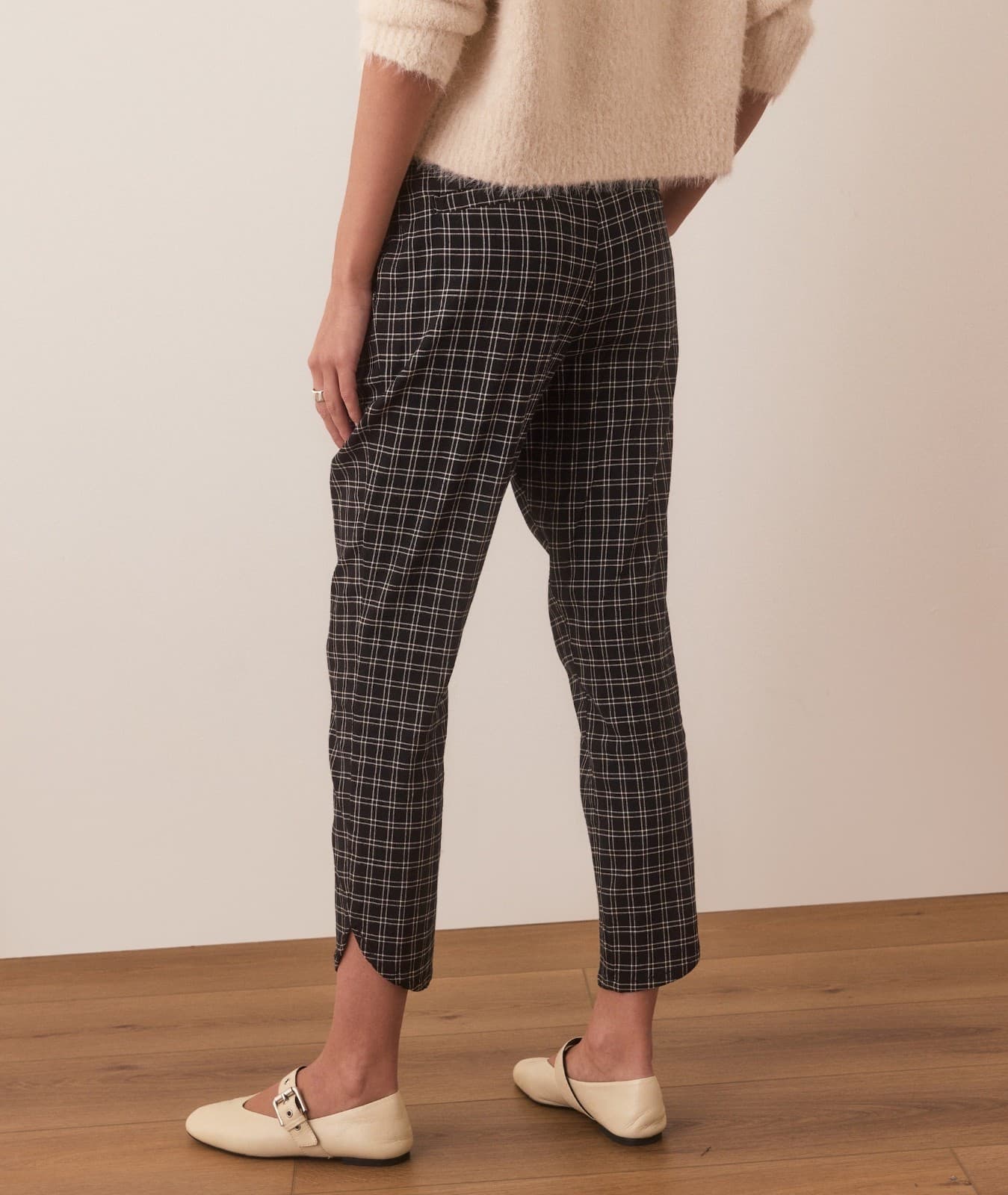 Marine Layer Allison Pant S Black Windowpane Plaid Wide Leg Elastic Waist Tencel
