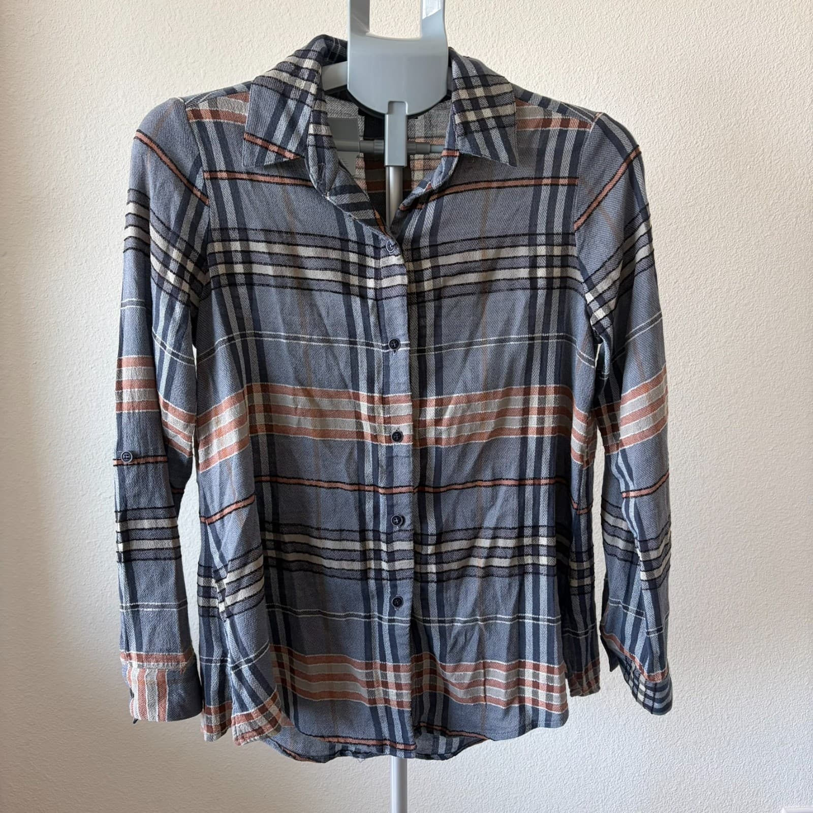 Maven West Shirt S Plaid Button Up Long Sleeve Tab Roll Cotton Modal Lightweight