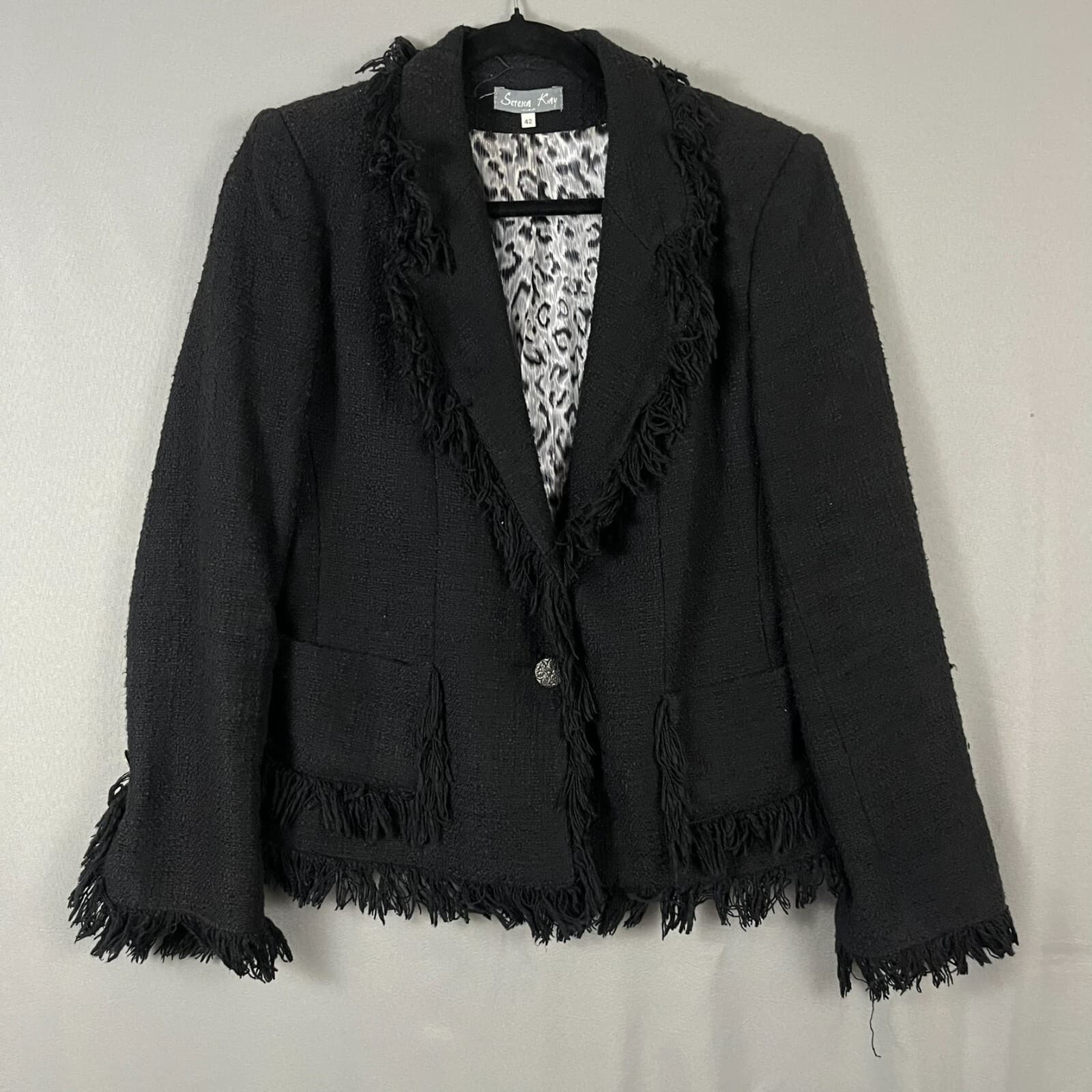 Serena Kay Blazer Jacket Women's 42 Black Cotton Fringe Trim Notch Lapel Career