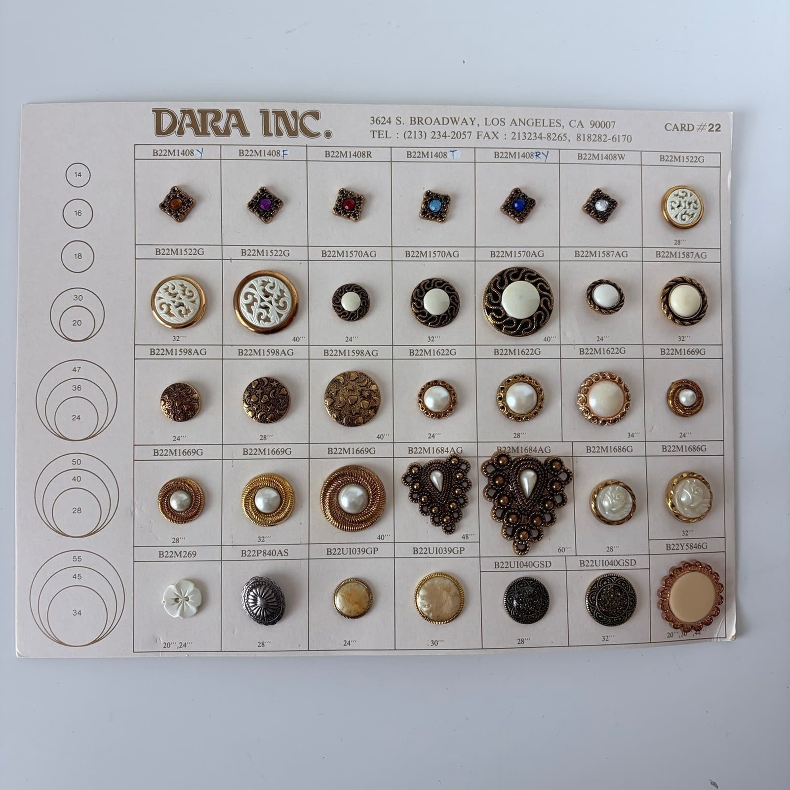 Vintage Button Sample Card #22 DARA Inc. L.A Ornate Styles & Sizes 1980s Sewing