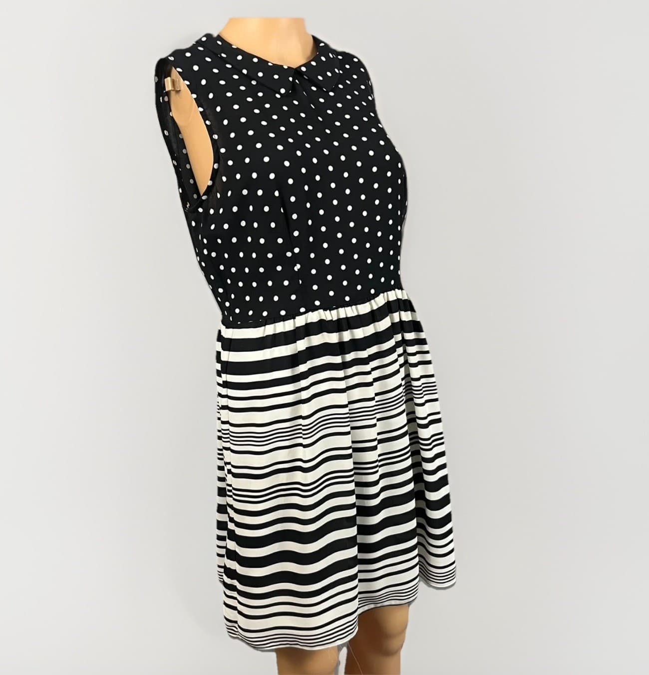 B.Darlin Black & White Polka Dot Striped Dress MED Collar Wednesday Adams Style