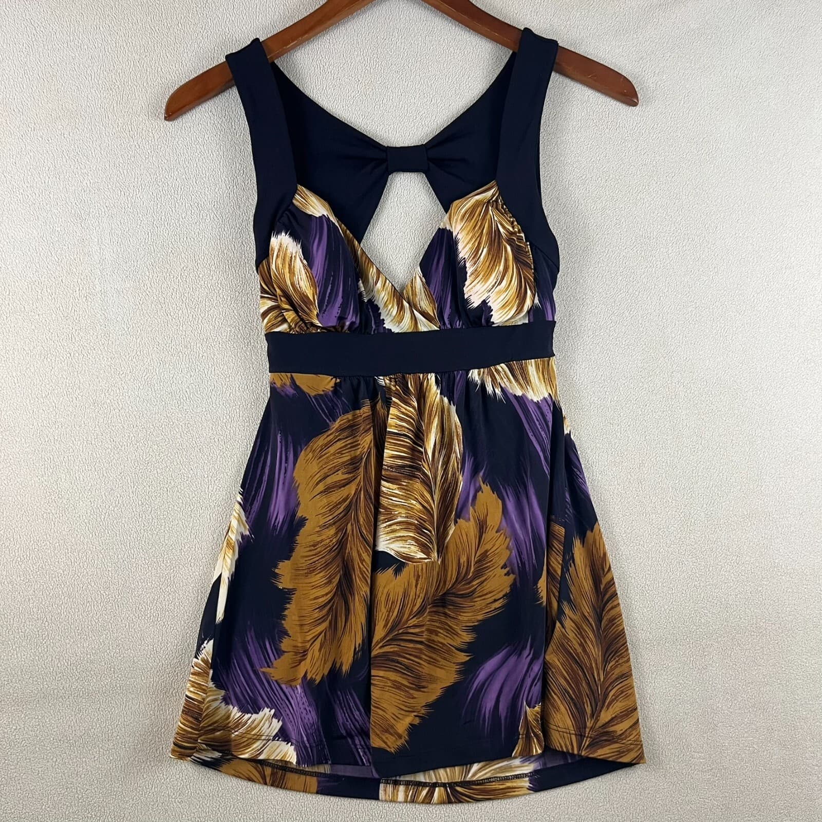 Purple & Gold Feathers Sz Small Tank Top Empire Waist Keyhole Back Y2K Babydoll