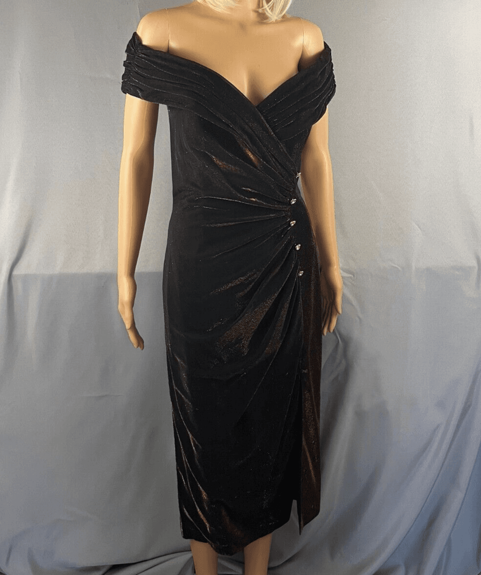 Alex Evenings Dress Women Sz 6 Metallic Brown Glitter Off-The-Shoulder Prom Gown