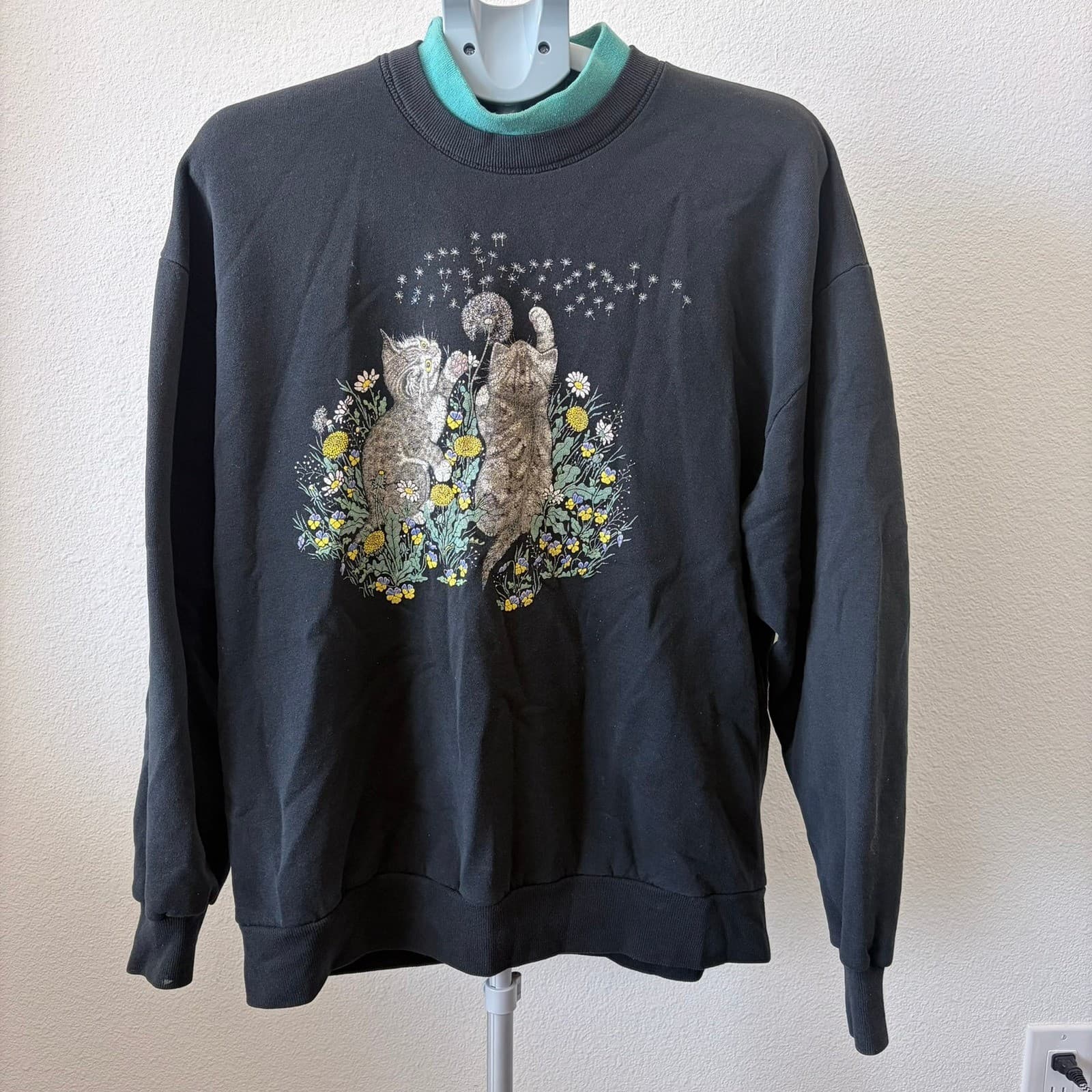Vintage Jerzees Calico Harbor Kittens Dandelion Sweatshirt Black XL Made in USA