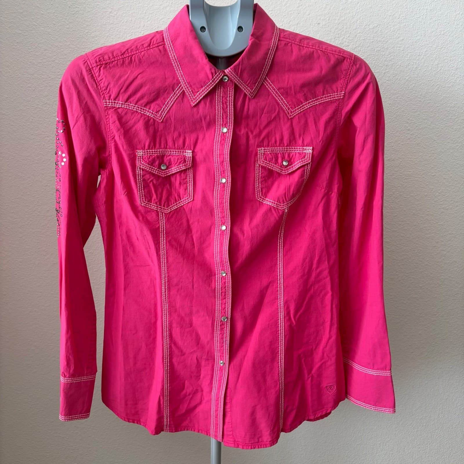 Ariat Western Snap Shirt Women Medium Hot Pink Rhinestone Bling Contrast Stitch