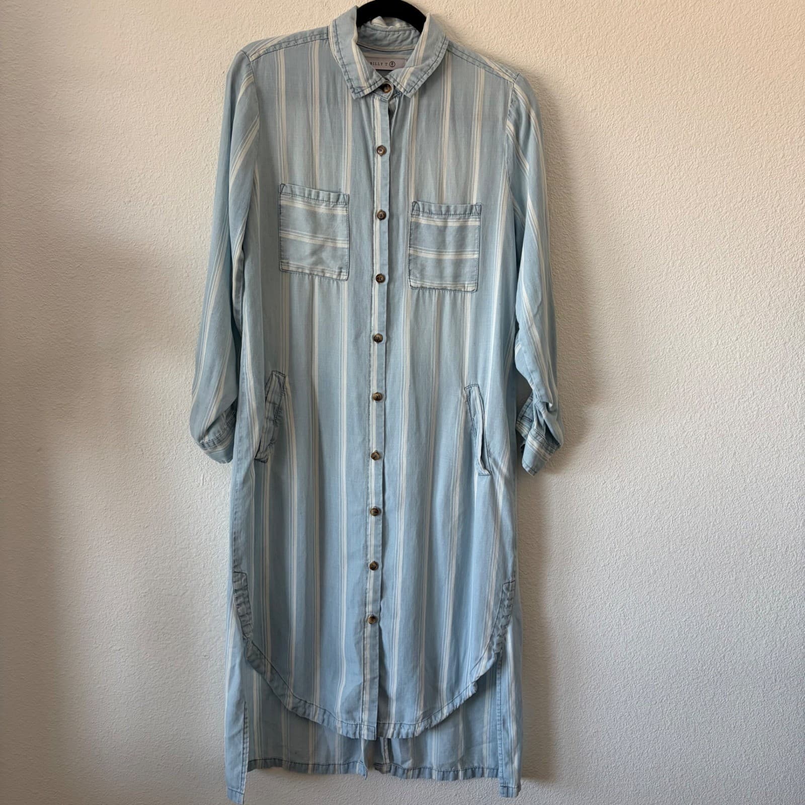 Billy T Shirt Dress Womens XS Blue White Striped Chambray Button Front Pockets
