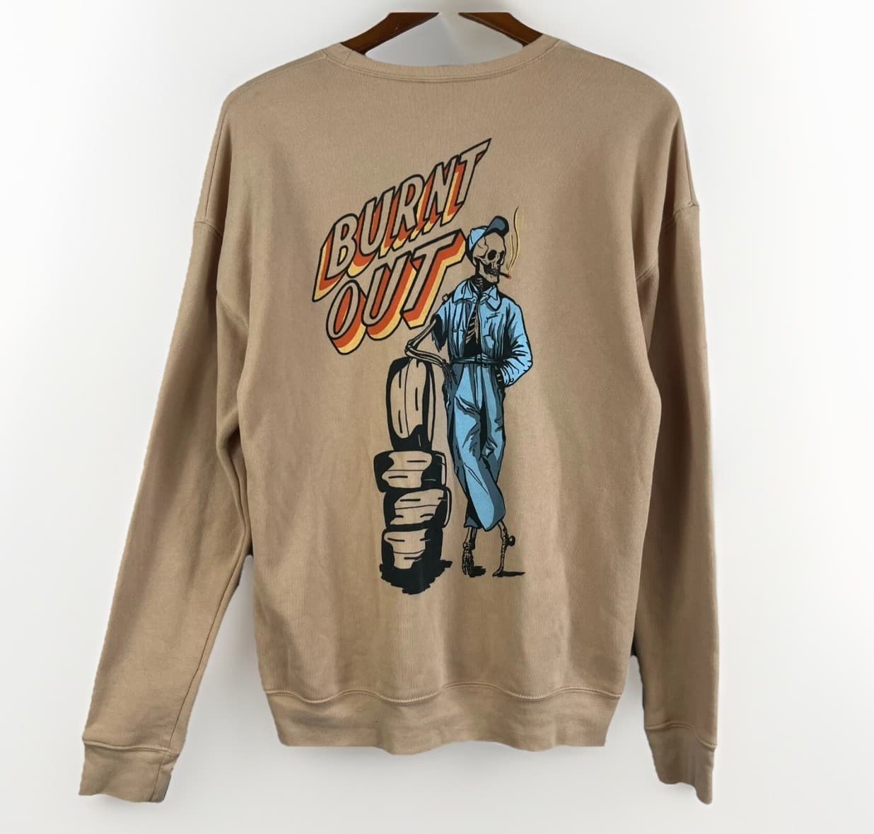 BELLA + CANVAS Sweatshirt Unisex Brown "Burnt Out" Skeleton Tire Mechanic Fleece