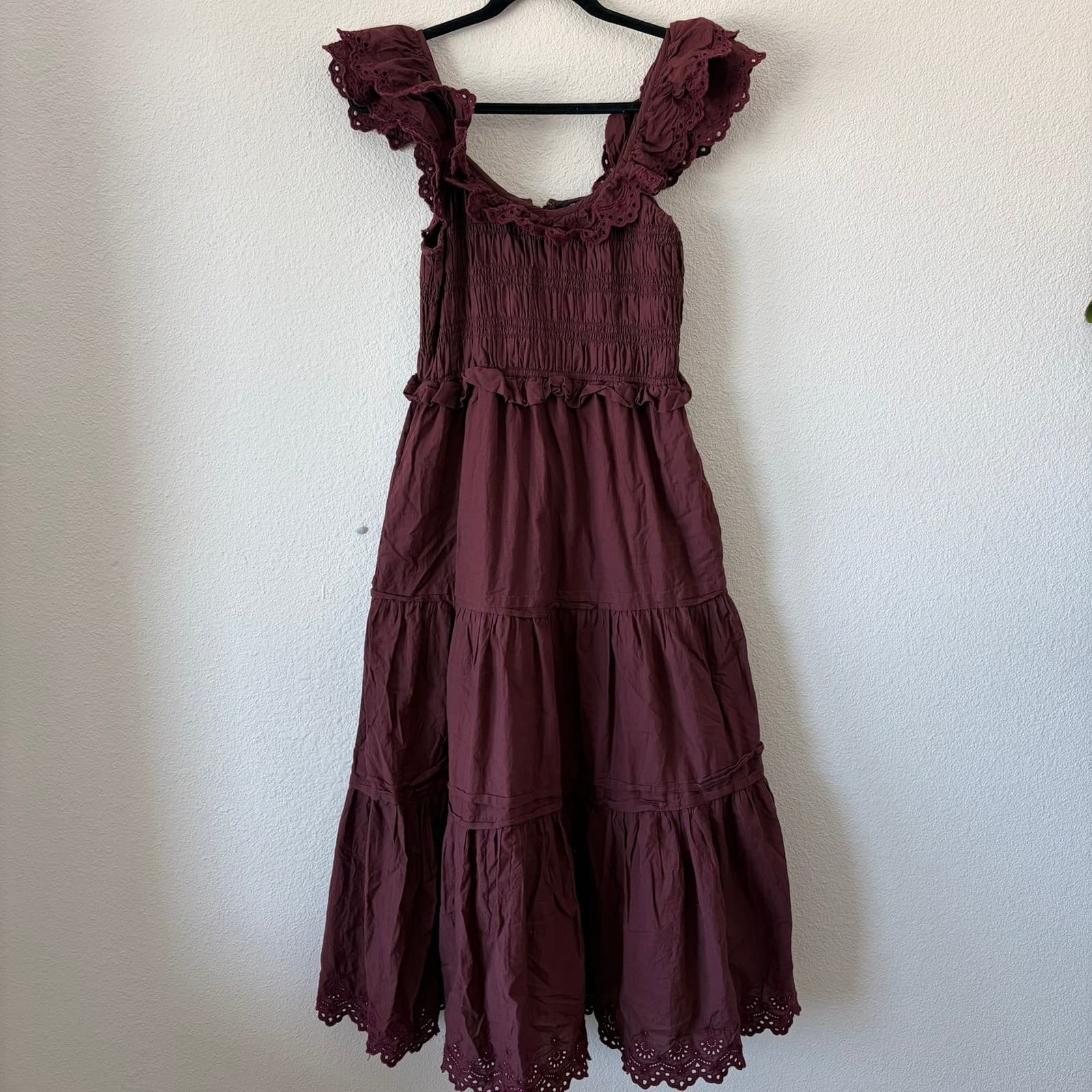 Madewell Midi Dress Women 00 Burgundy Eyelet Smocked Tiered Pockets Cottagecore