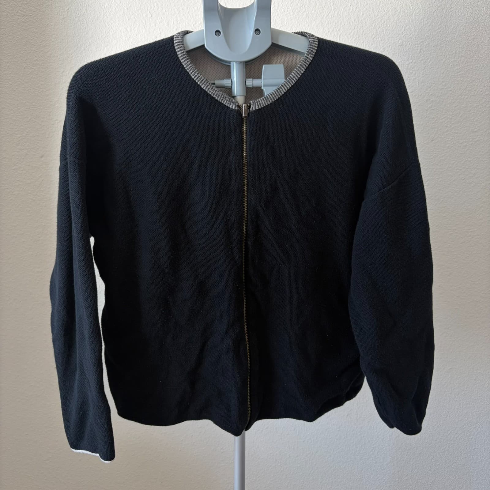 Eileen Fisher Zip Sweater Organic Cotton Black Sustainable Minimalist Size L
