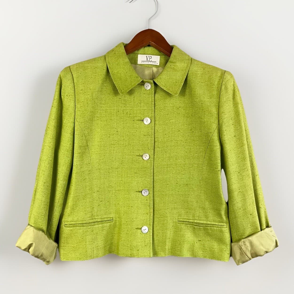Vintage V.P. Collections Blazer Jacket Women's S Brat Green Silk Jackie O Retro