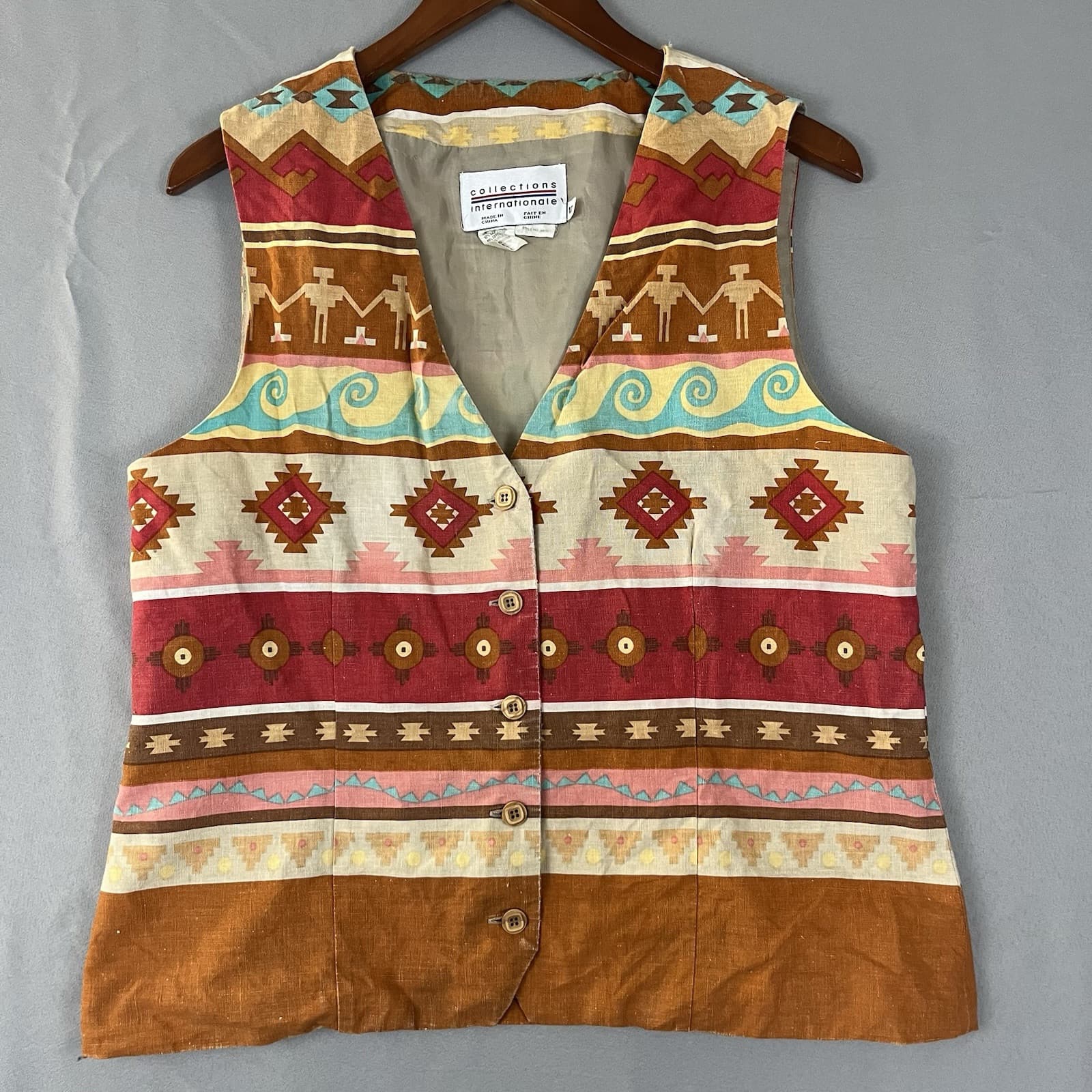 Vtg Women Vest Size 12 Multicolor Southwest Aztec Print Linen Cotton New Mexico