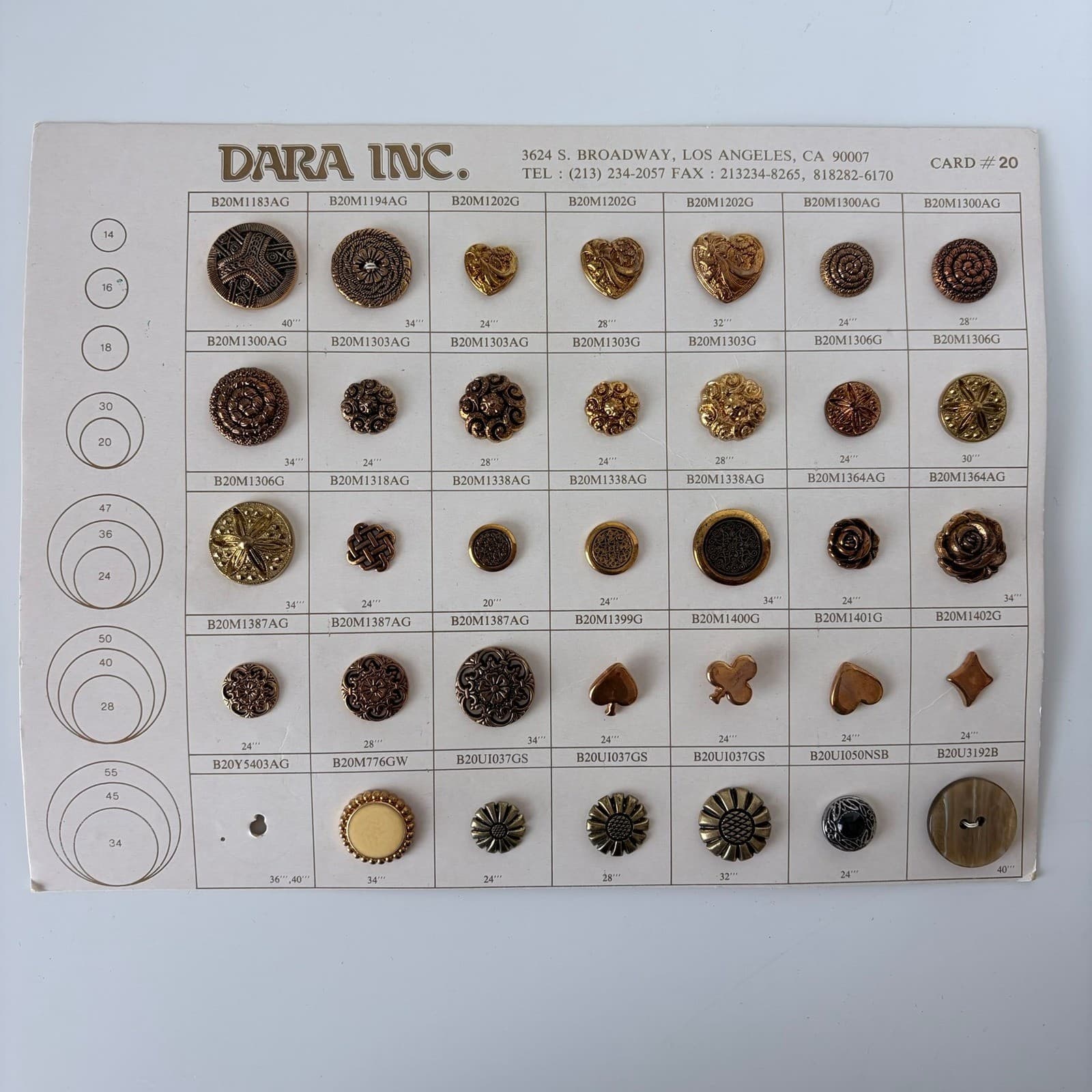 Vintage Button Sample Card #20 DARA Inc 34 Floral & Metallic Styles 1980s Sewing