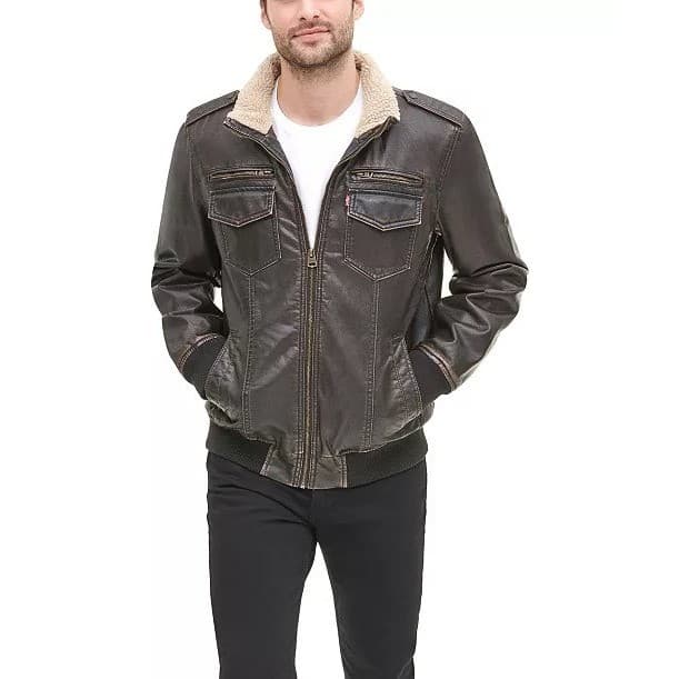 Levi's Faux Leather Bomber Jacket Men Size M Brown Sherpa Lined Moto LM8RU476