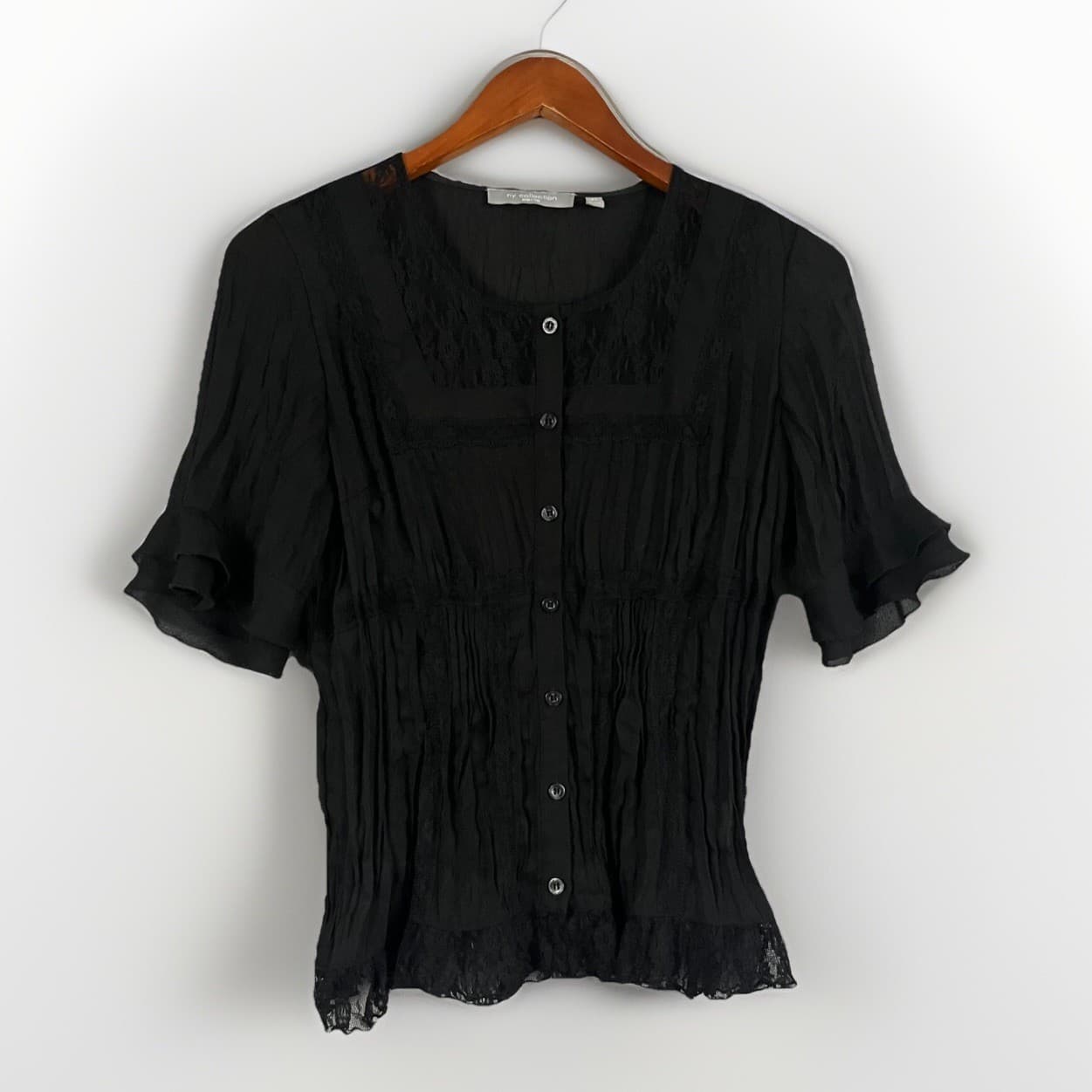 NY Collection Blouse Top Womens Small Petite Black Floral Lace Detail Whimsigoth