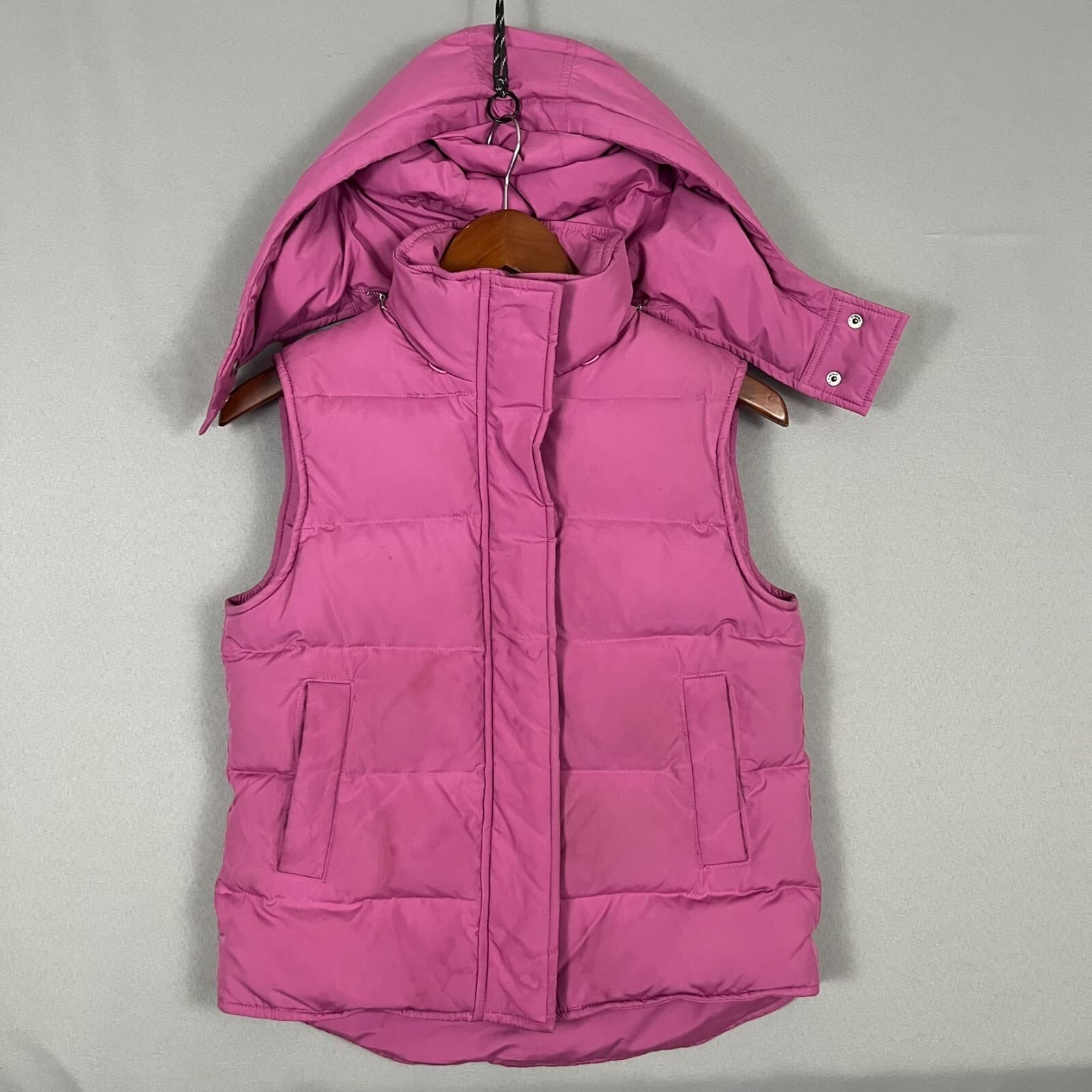 Theory Womens Down Puffer Vest Jacket Size "P" Bubble Gum Pink Hooded STAINED