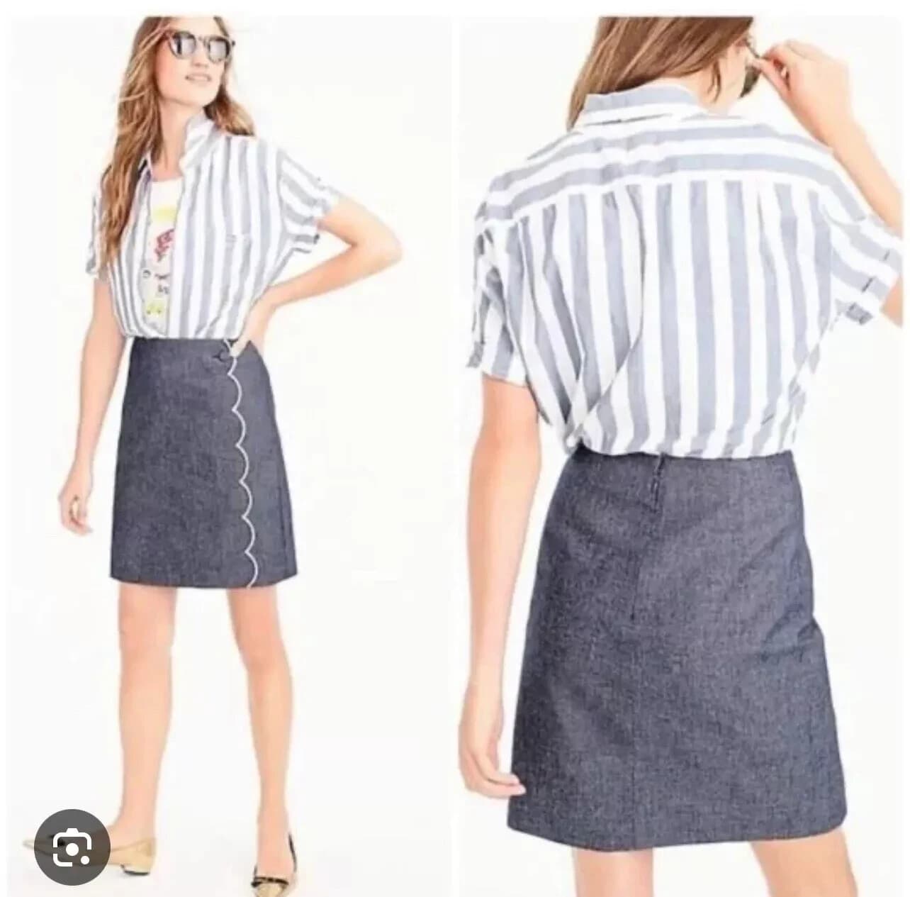 J Crew Women Skirt SZ 4 Blue Chambray Scallop Embroidered A-Line 100% Cotton NWT