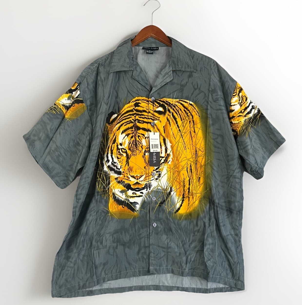 NWT Oscar Misa Mens Button Shirt Sz XL Tiger Graphic Grey Casual Short Sleeve
