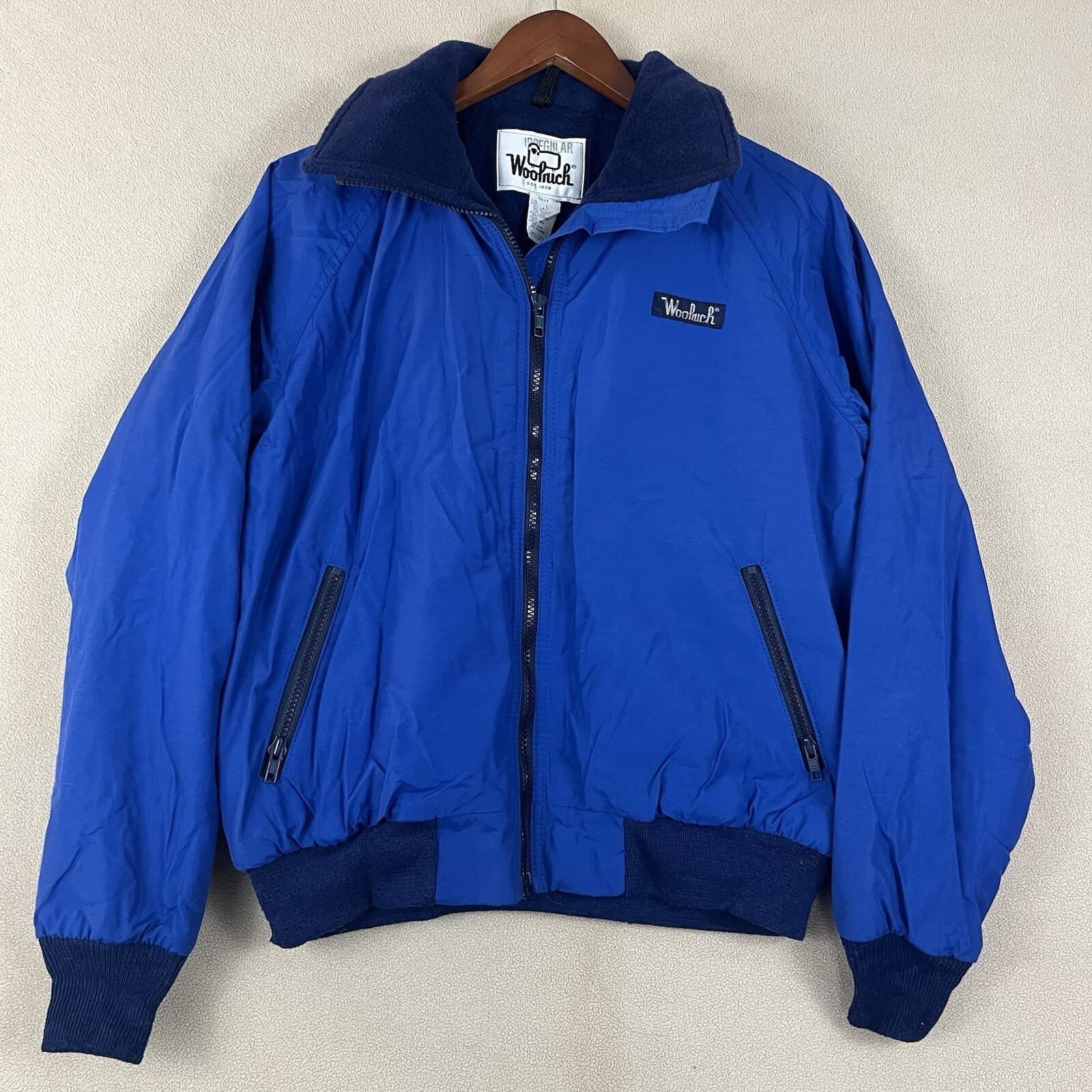 Vintage 70s Woolrich Womens Blue Bomber Jacket Large Fleece Lined Fishermancore