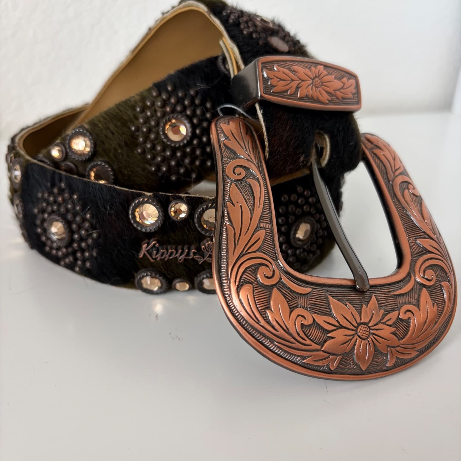 Vintage Kippy's Hair-on-Hide Belt Womens 36 Brown Good Rhinestone Floral Buckle